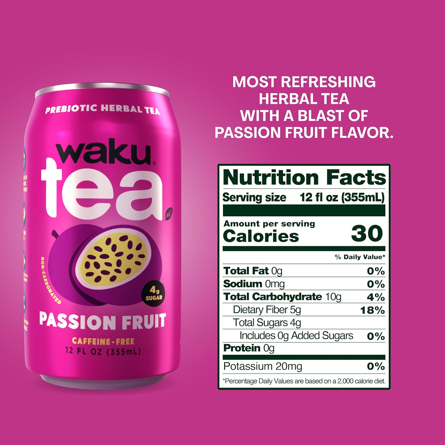 WAKU TEA, Prebiotic Herbal Tea, Passion Fruit, Supports Digestive & Gut Health, Keto Friendly, Zero Added Sugar, 5g Fiber, Caffeine Free, Natural Sweetner, 12 pack, 12oz Cans