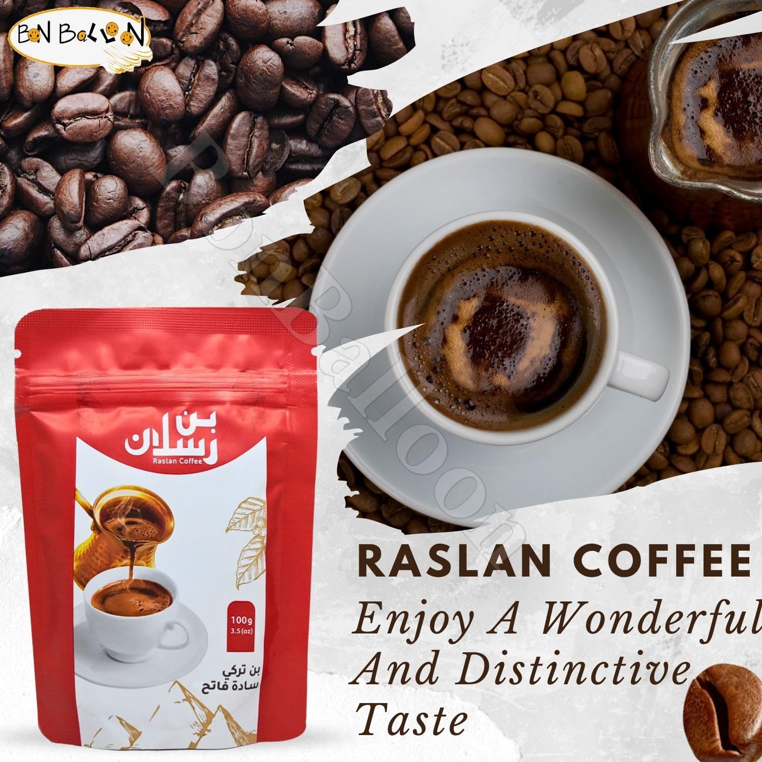 Raslan Coffee Plain Light Roast Turkish Premium Cafe Oriental Arabic Original Arabica Ground Roasted Coffe Blend Roast Halal (1 Pack = 3.52 oz / 100 gm) رسلان بن سادة فاتح حلال