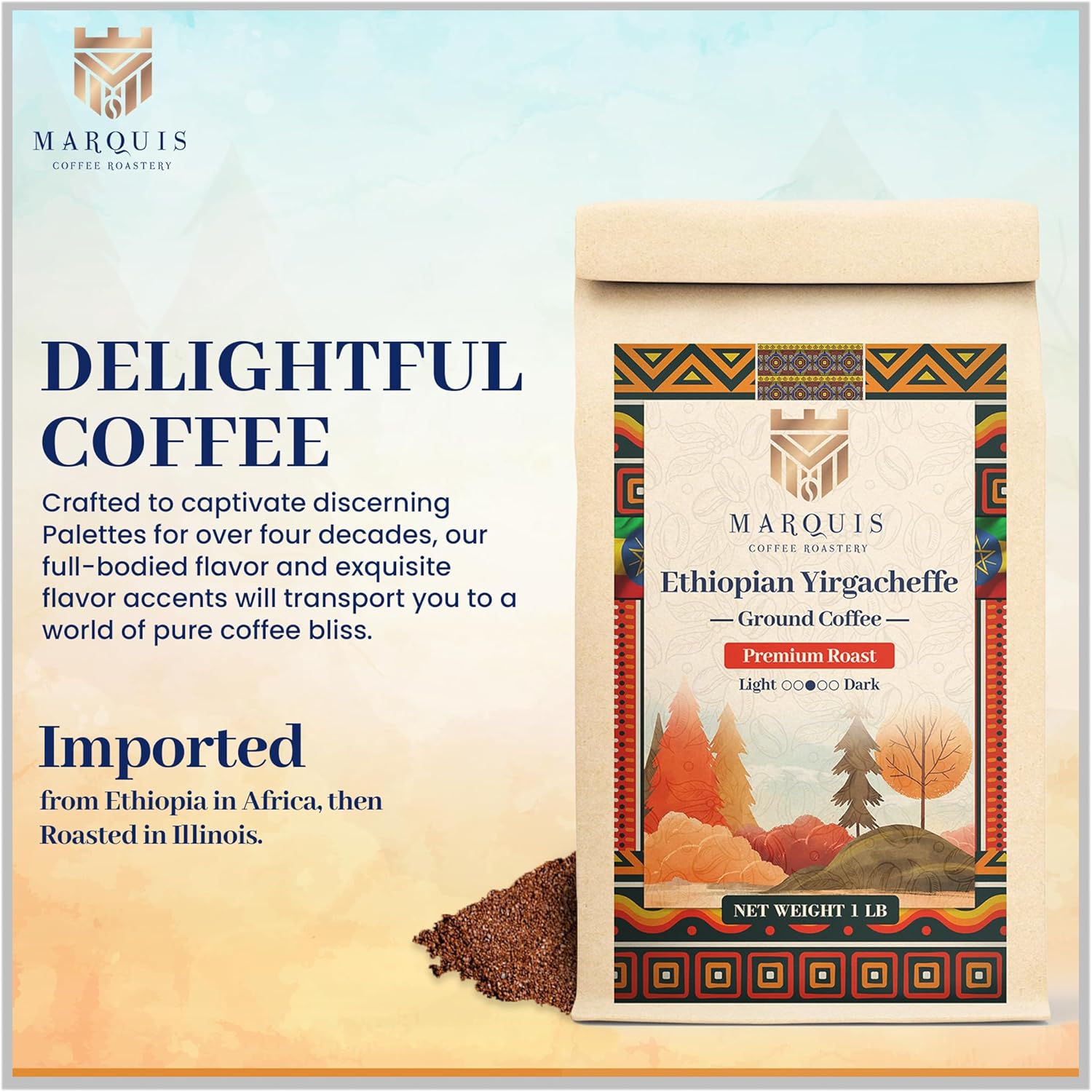 Marquis - Ethiopian Yirgacheffe Ground Coffee, Rich and Bold Ground Roast, Fresh Medium Roast with a Fruity Flavor, Premium Ethiopian Coffee, 1 lb