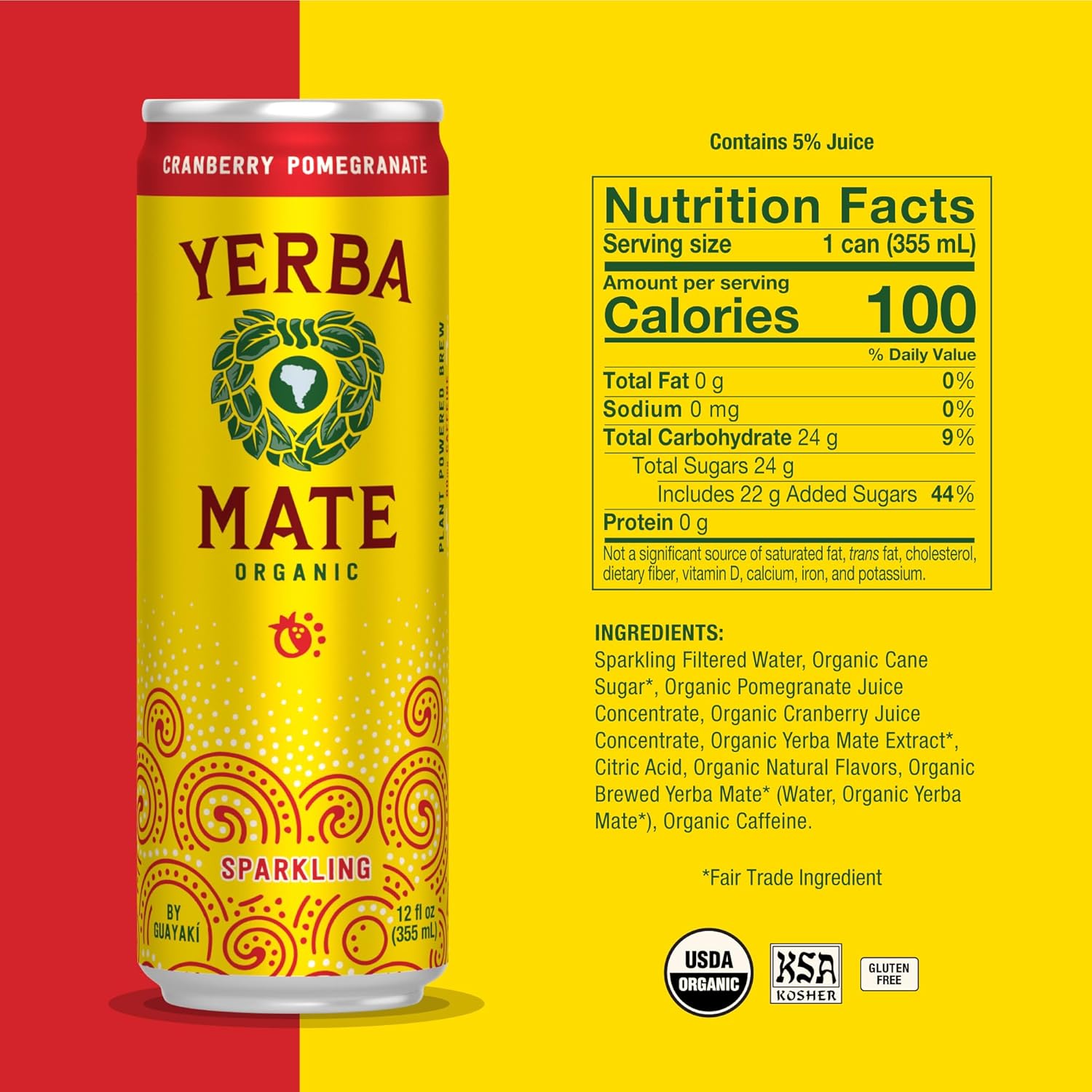 Guayakí Yerba Mate, Organic Sparkling Energy Drink Alternative, Cranberry Pomegranate, 80mg Natural Plant Based Caffeine, Smooth Energy & Focus, Carbonated, 15.5 Oz (Pack of 12) (Packaging May Vary)