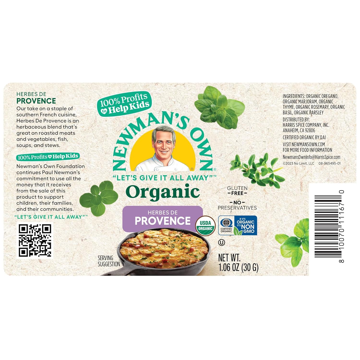 Newman's Own Organic Herbes de Provence Seasoning; Perfect Spices for Cooking Roasted meats, potatoes, and stews; USDA Certified Organic; No Preservatives; Salt Free; Non-GMO; Gluten-Free; 1.06 Oz Bottle