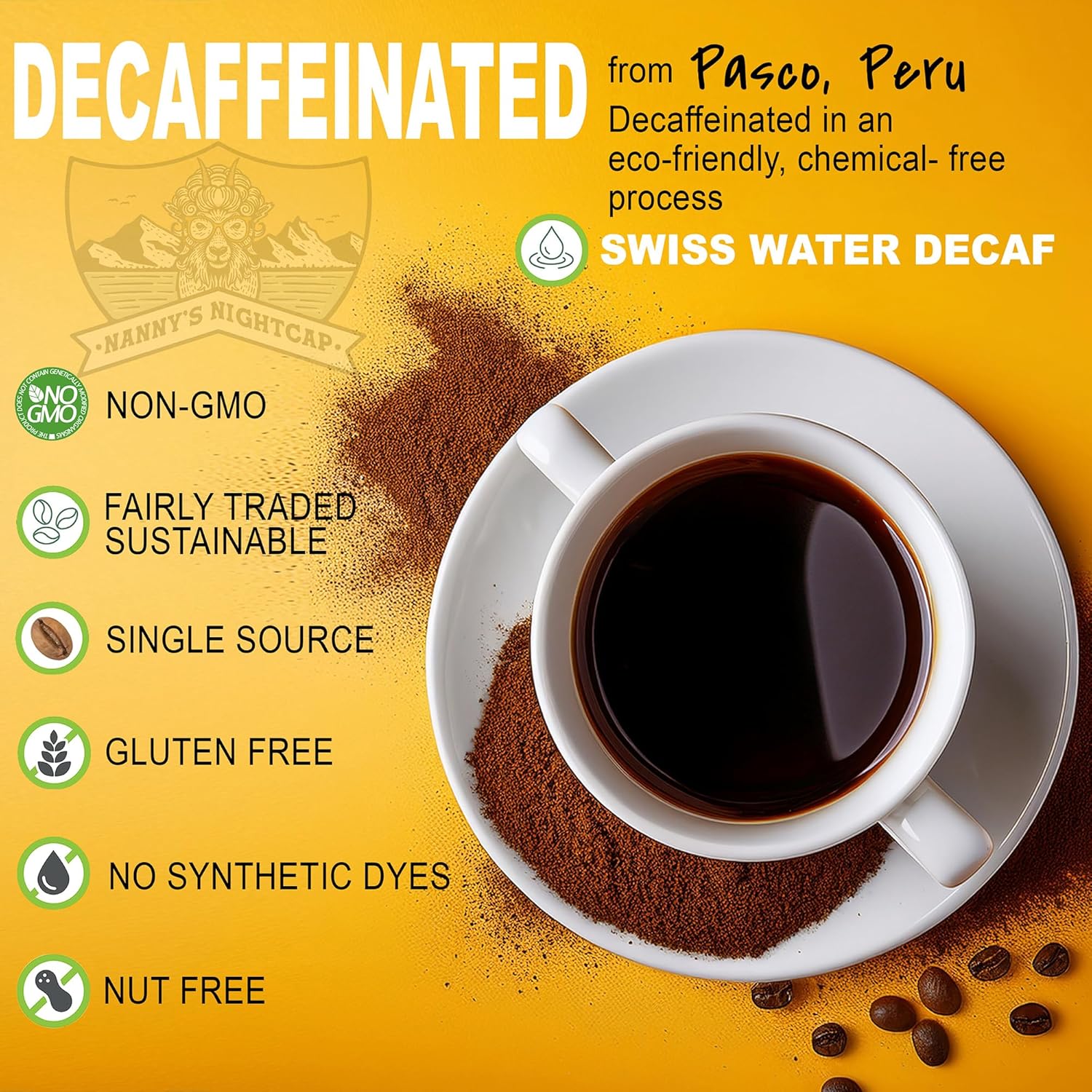Our Grounds Coffee Nanny's Nightcap - Ground Medium Roast Decaf (100% Arabica Peruvian Coffee) Non GMO- Low Acid- Single Origin - 12oz