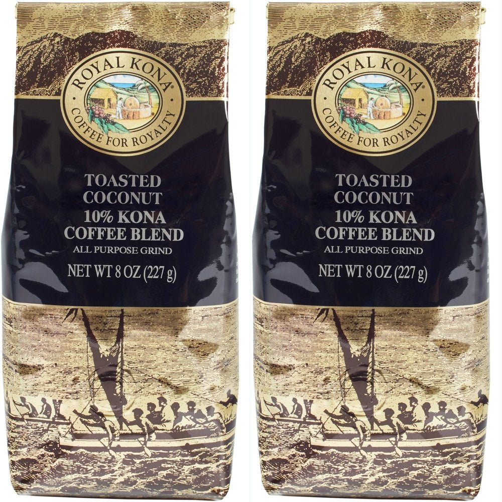 Royal Kona 10% Kona Coffee Blend, Toasted Coconut - 2 Pack Ground Coffee (2 x 8 Ounce)