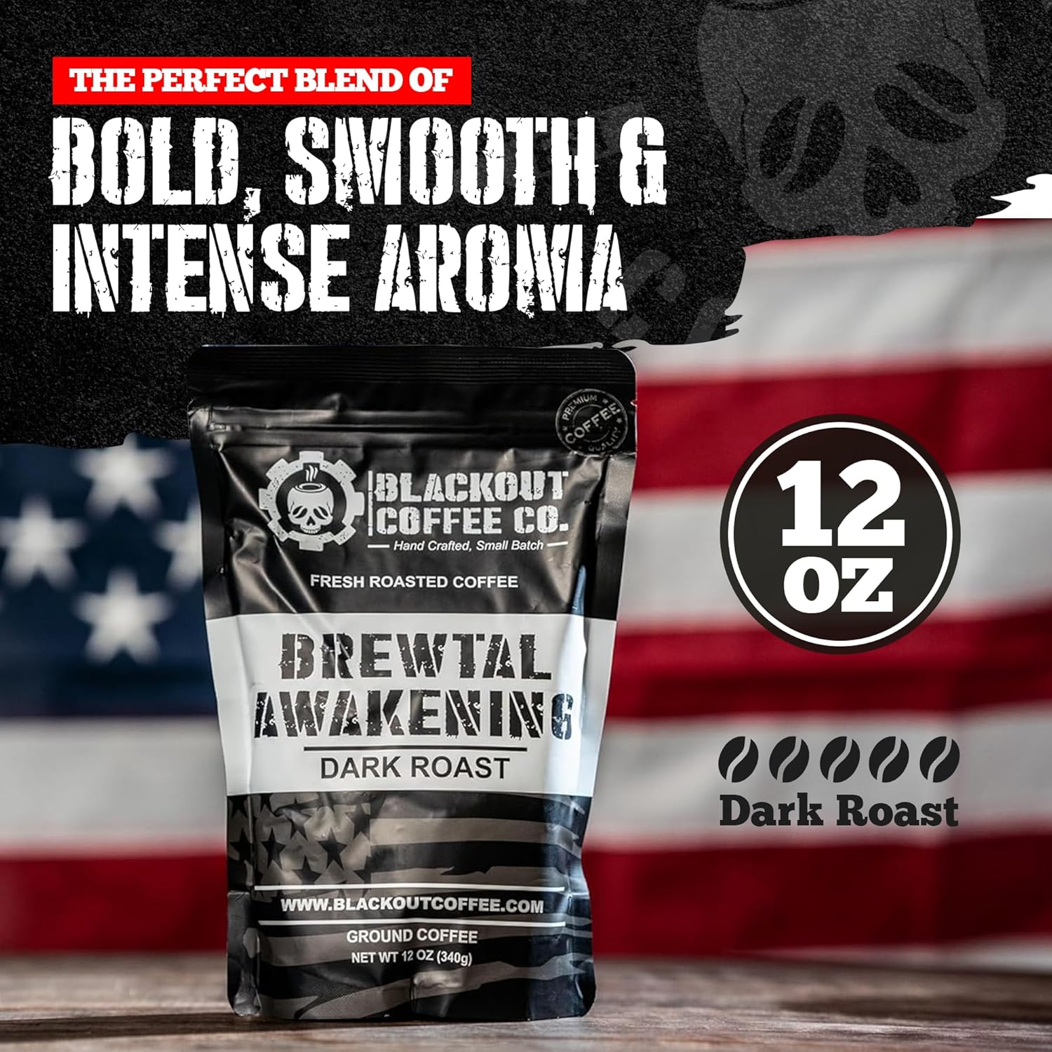 Blackout Coffee, Brewtal Awakening Dark Roast Coffee, High Caffeine, Bold, Rich, Aromatic, Strong & Flavored Coffee Beans, Fresh Roasted In The USA – 12 oz Bag (Ground Coffee)