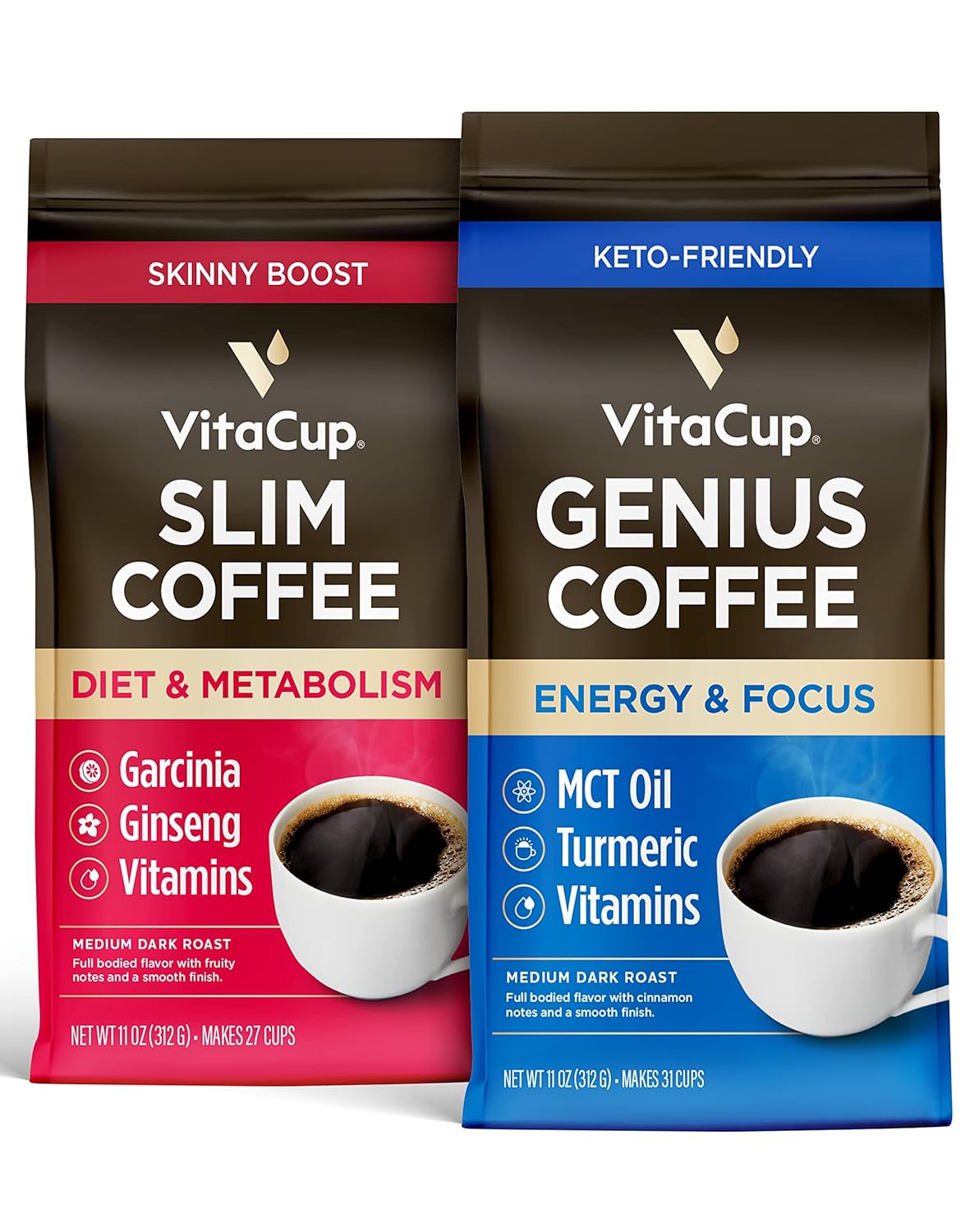 VitaCup Genius & Slim Ground Coffee Bundle (2 Pack) Vitamin Infused for Drip Coffee Brewers & French Press