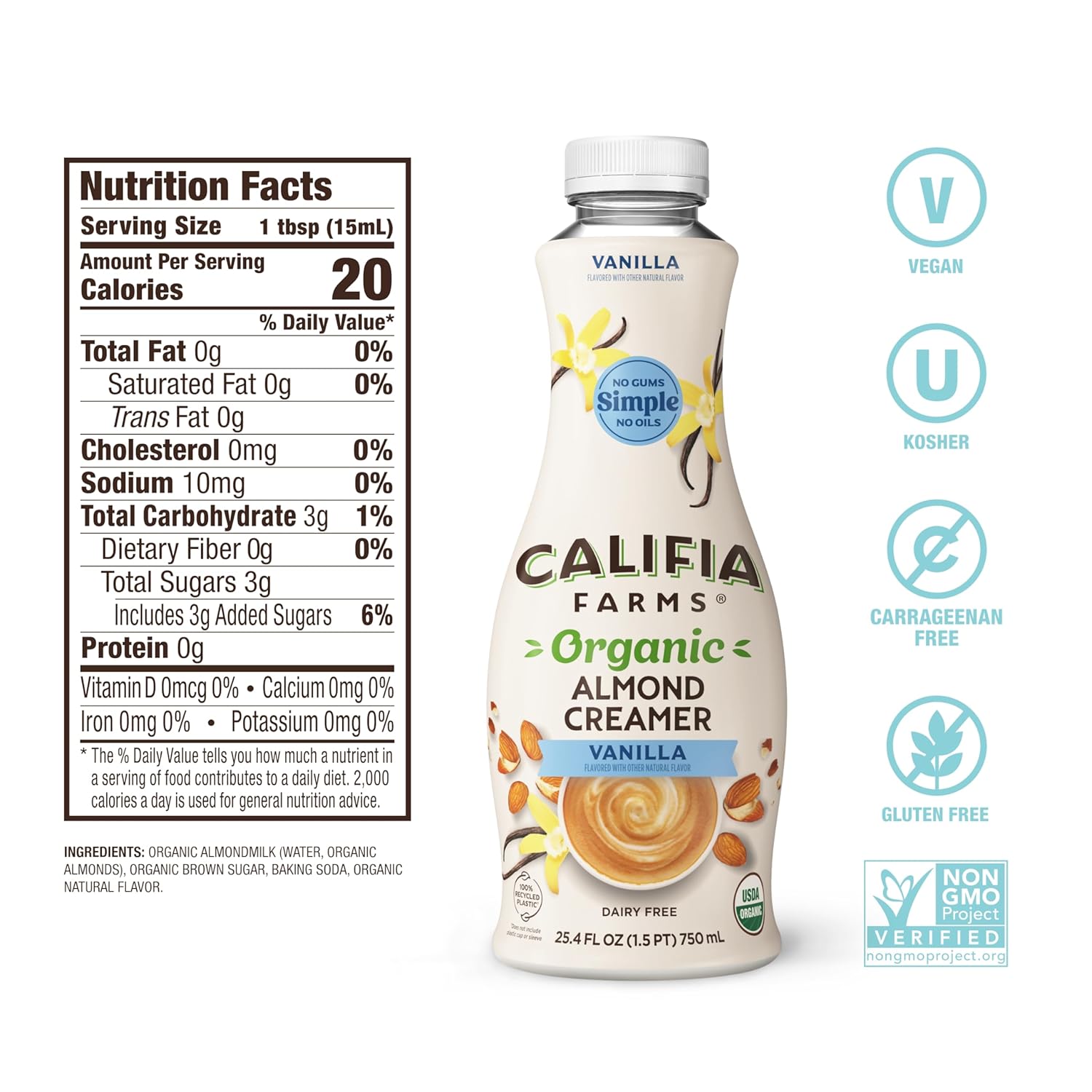 Califia Farms - Organic Vanilla Almond Milk Coffee Creamer, 25.4 Oz, Dairy Free, Plant Based, Vegan, Gluten Free, Non GMO, Almond Creamer, Almond Milk, USDA Organic