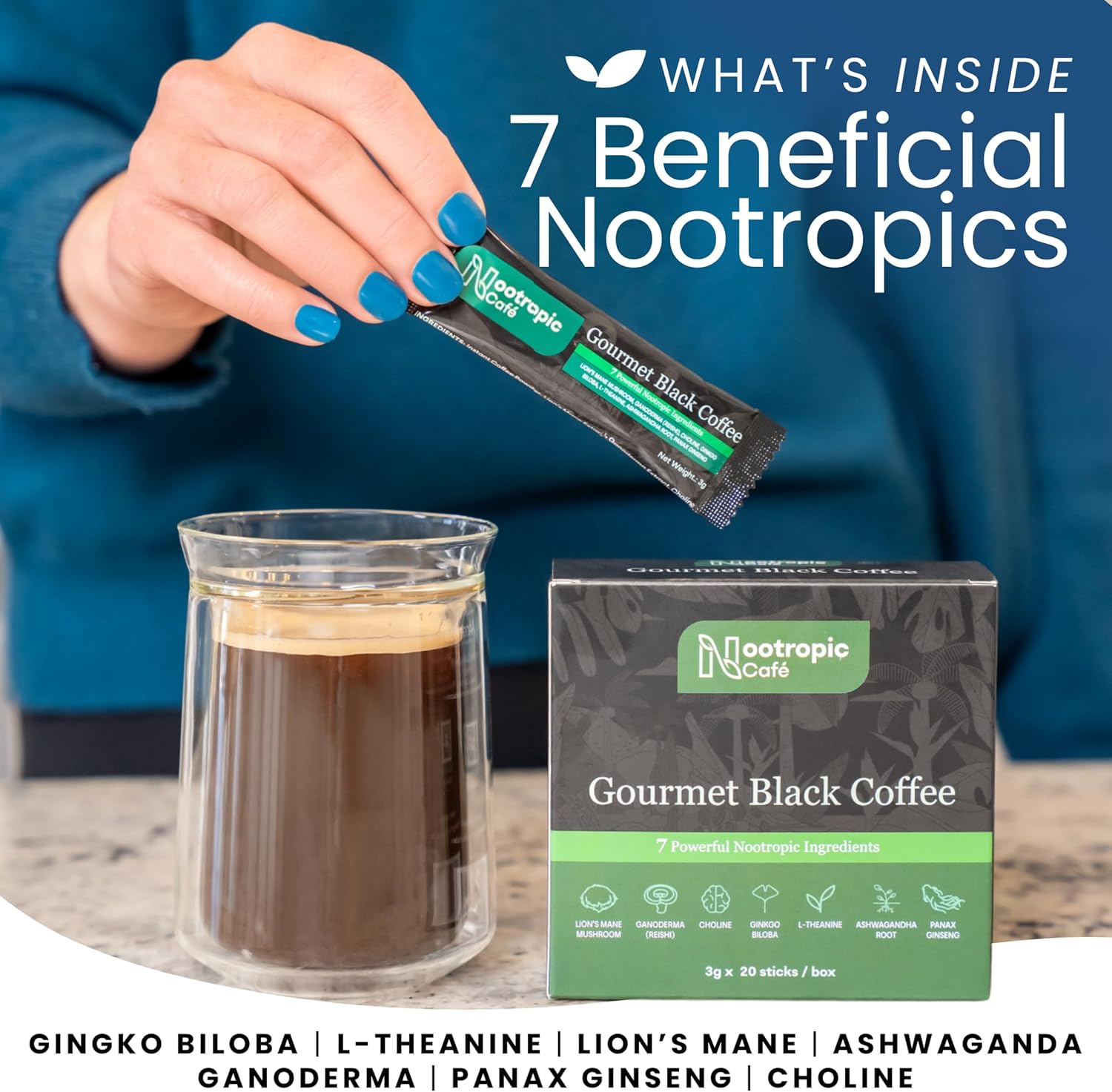 Brain Boosting Mushroom Coffee – Lion’s Mane, Ginkgo Biloba, Ashwagandha, L-Theanine, Choline – Focus & Mood Support – 20 Servings