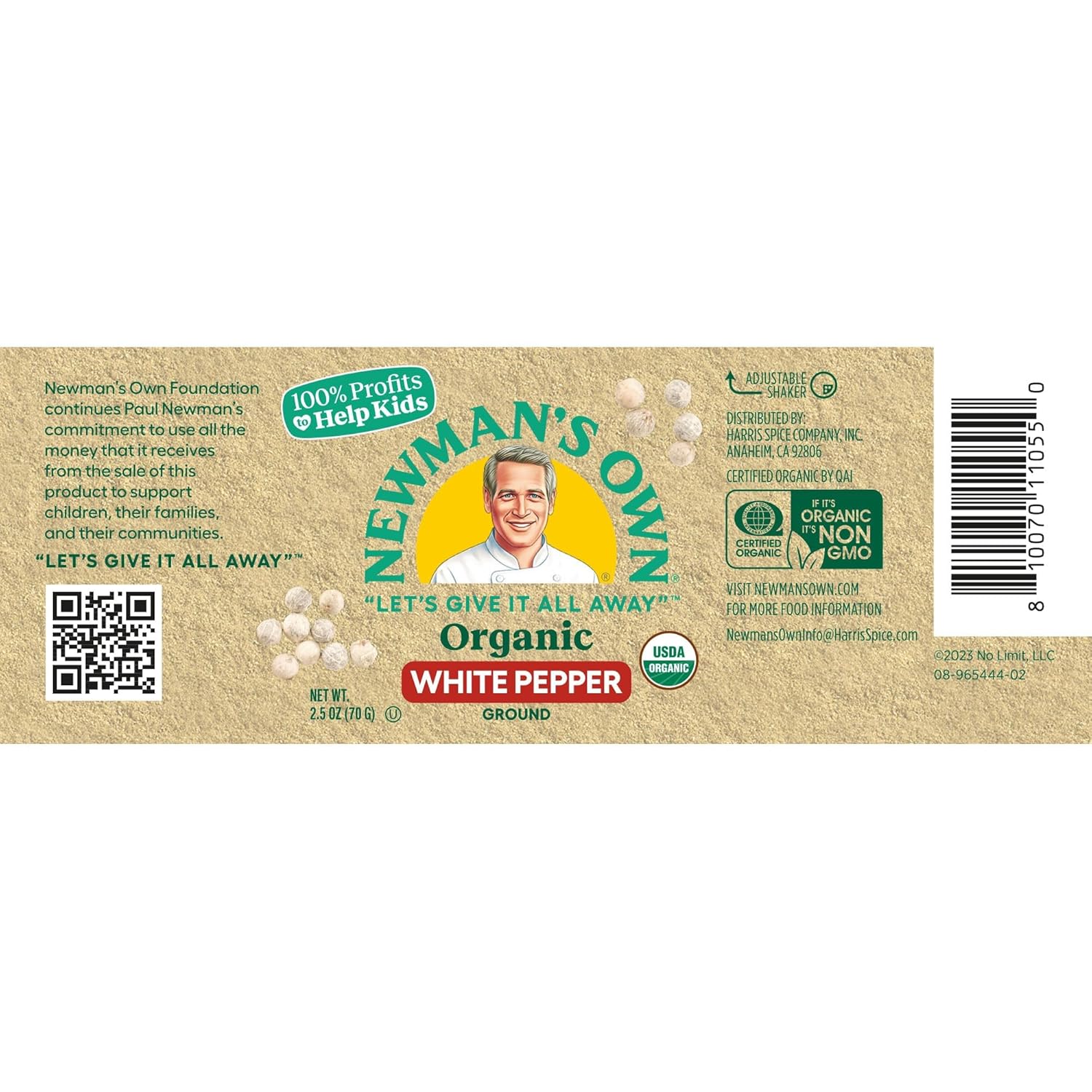 Newman's Own Organic Ground White Pepper; Perfect for sauces, creamy soups, USDA Certified Organic, Non-GMO, Kosher, 2.5 Oz. Bottle