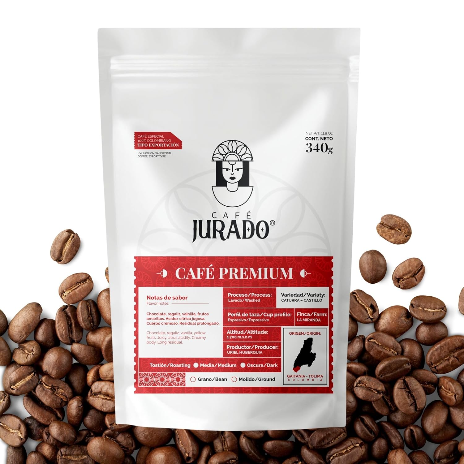 Cafe Jurado, Colombian Specialty Premium, Ground Coffee, Arabic Quality, Colombian Coffee, Extended Sweet Aroma, Chocolate Vanilla Notes, Medium Roasted - 11.9 Ounces