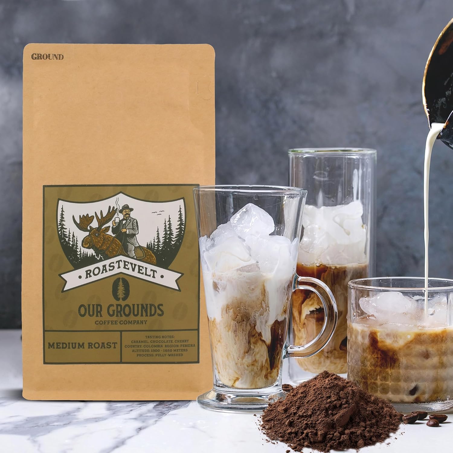 Our Grounds Coffee Roastevelt - Ground Medium Roast (100% Arabica Colombian Coffee) Non GMO- Low Acid- Single Origin - 12oz