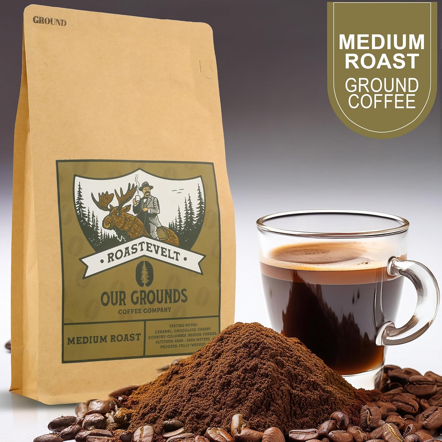 Our Grounds Coffee Roastevelt - Ground Medium Roast (100% Arabica Colombian Coffee) Non GMO- Low Acid- Single Origin - 12oz
