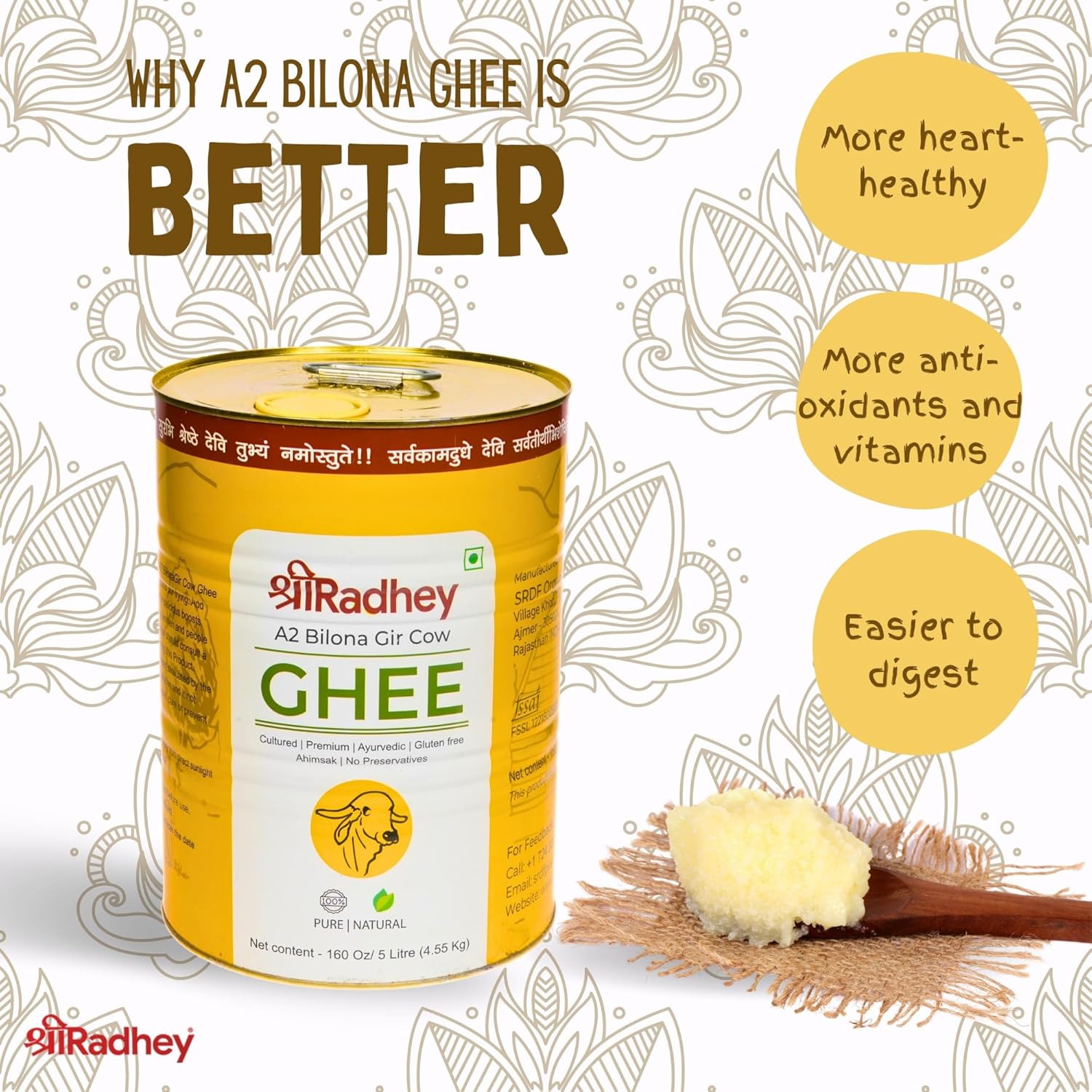 SHREE RADHEY A2 Bilona Gir Cow Ghee | 5 Litre | Traditional Bilona Method | Cultured | Premium | Immunity Booster | Pure | Natural | Healthy | Lactose and gluten free | Keto Friendly | Food Grade TIN