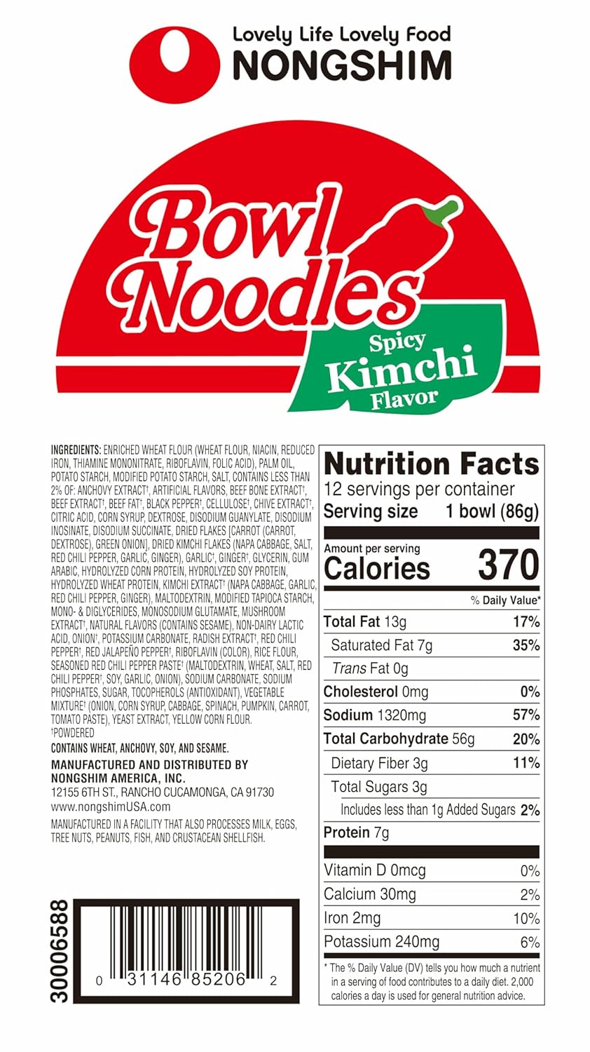 Nongshim Kimchi Instant Ramen Noodle Soup Bowl, 6 Pack, Korean Ramyun with Veggies, Microwaveable