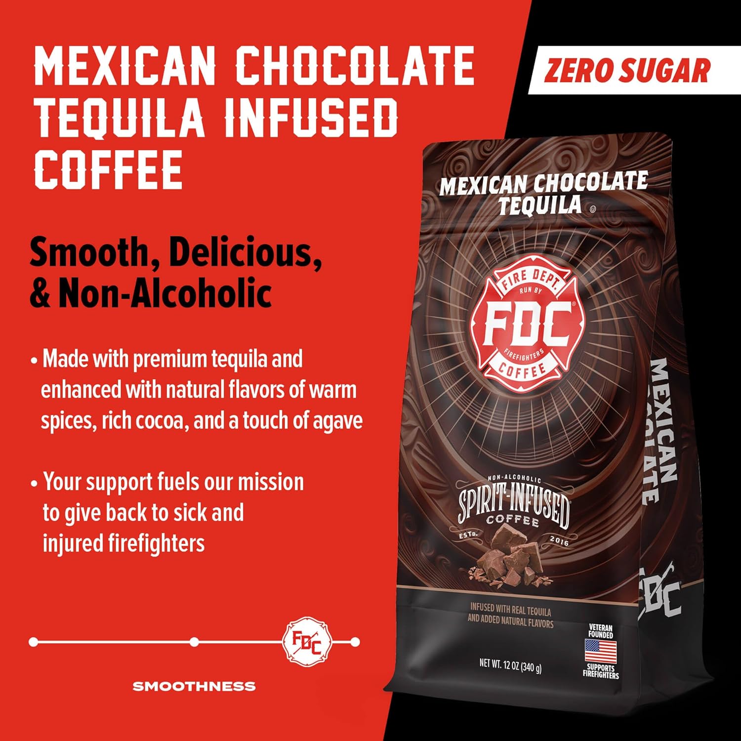 Fire Department Coffee - Gives Back to Firefighters - Mexican Chocolate Tequila Infused Whole Bean Coffee - Medium Roast - Non-Alcoholic - Roasted in the USA - Veteran Owned - 12 oz