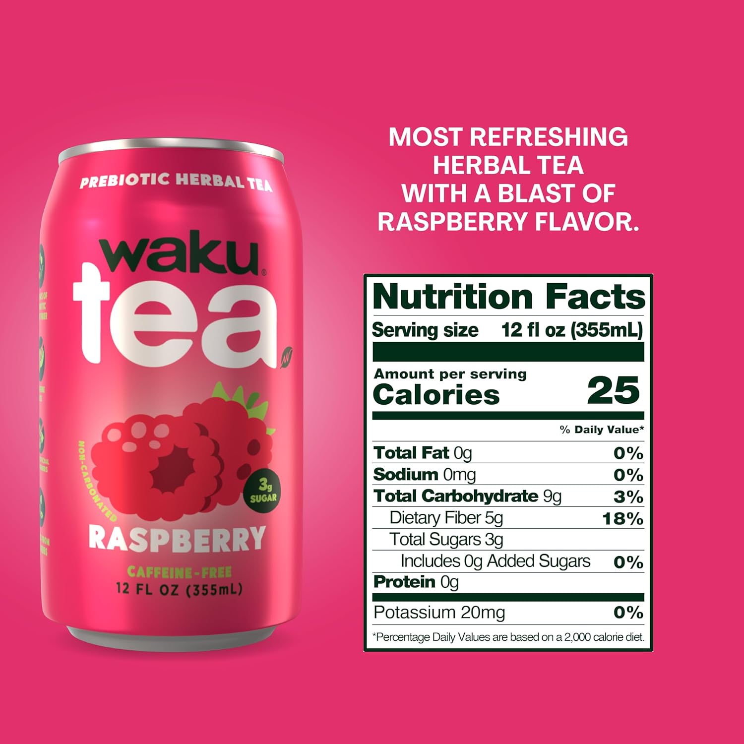 WAKU TEA, Prebiotic Herbal Tea, Raspberry, Supports Digestive & Gut Health, Keto Friendly, Zero Added Sugar, 5g Fiber, Caffeine Free, Natural Sweetner, 12 pack, 12oz Cans