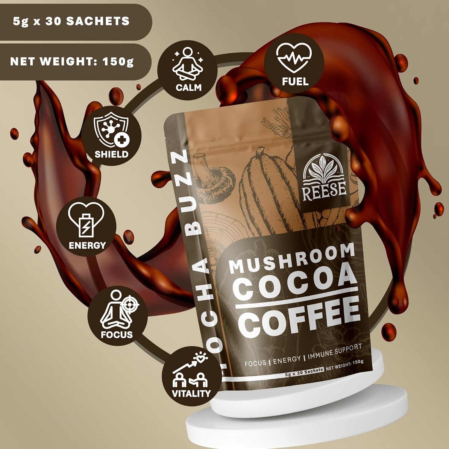 Organic Mushroom Cocoa Coffee - Increases Focus & Energy for Health-Conscious Drinkers - Mocha Buzz, Laxative Free - 30 Packets