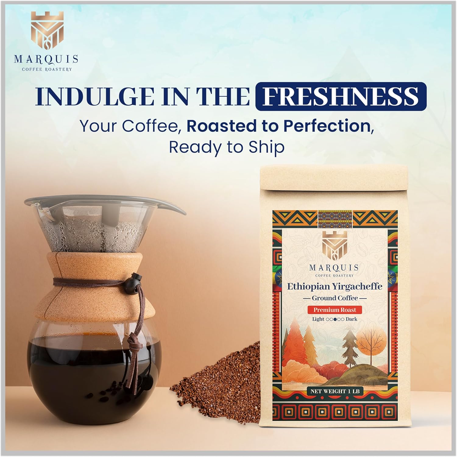 Marquis - Ethiopian Yirgacheffe Ground Coffee, Rich and Bold Ground Roast, Fresh Medium Roast with a Fruity Flavor, Premium Ethiopian Coffee, 1 lb