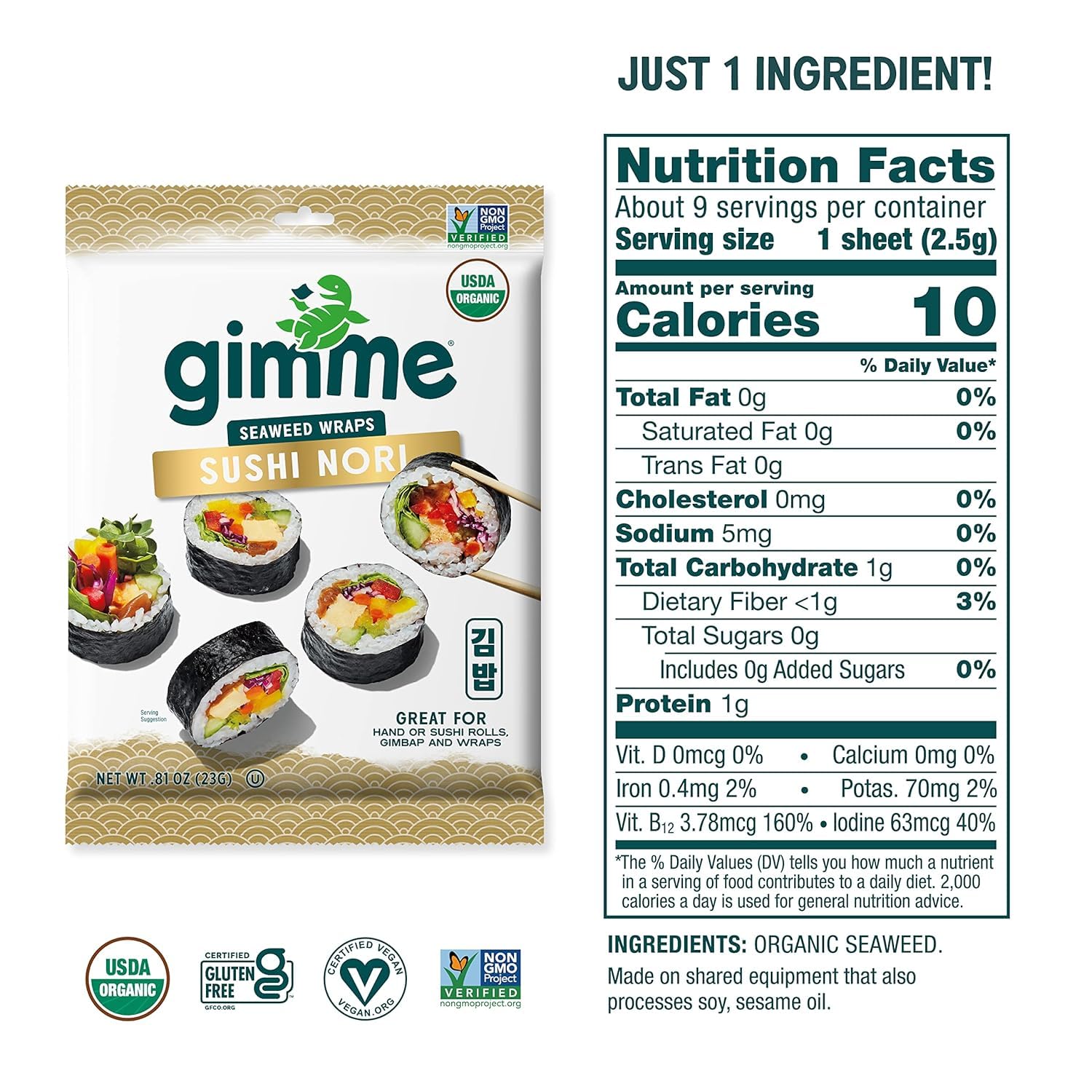 Gimme Seaweed Sushi Nori 100% - Premium Organic Roasted Seaweed Sheets, Keto, Vegan, Gluten-Free, Restaurant-style Sushi Nori Sheets 0.81 Ounce (Pack of 1)