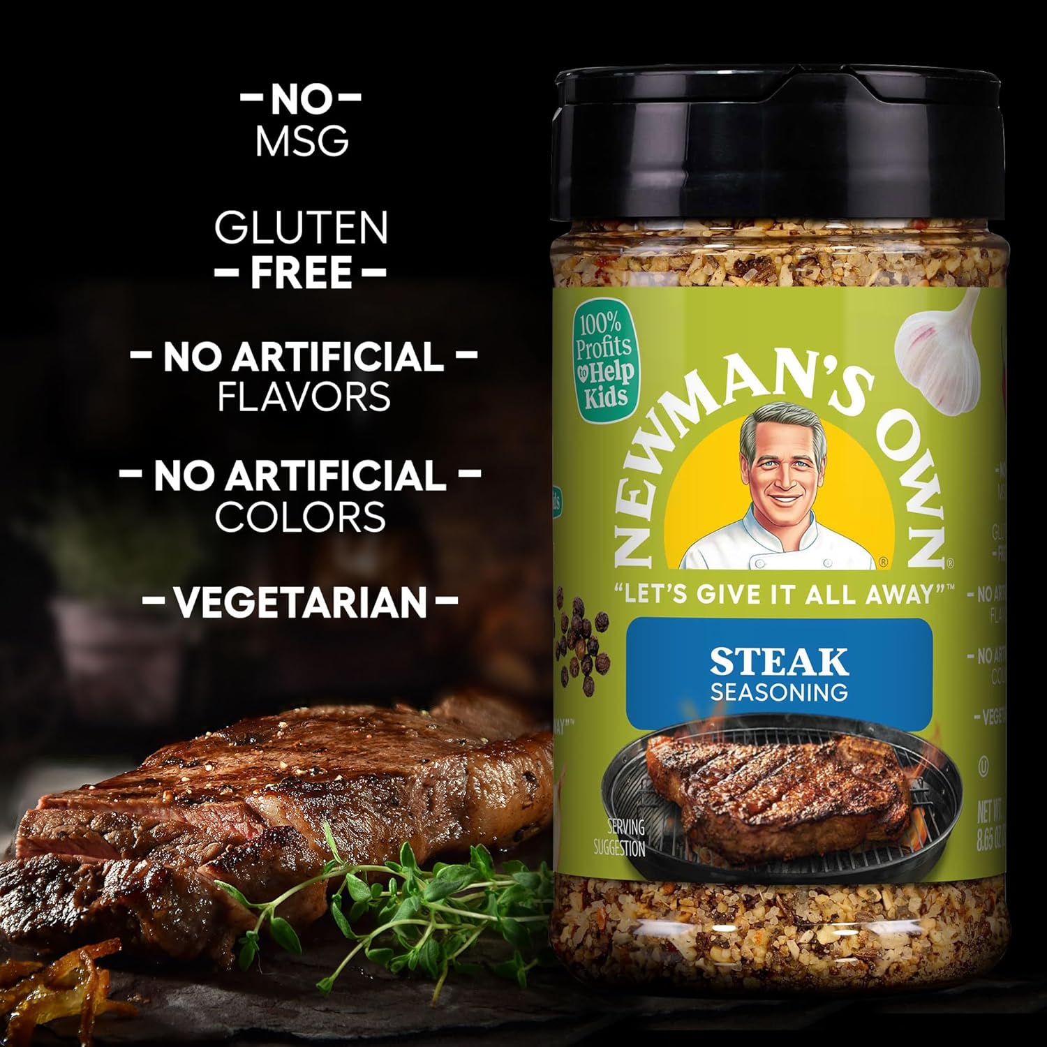 Newman's Own Steak Seasoning; Perfect Spices for Cooking Ribeye, Tri Tip, Pork Ribs, Bacon, Chicken, Ham, and Ground Turkey; No MSG, Gluten Free; Kosher; 8.65 Oz. Bottle