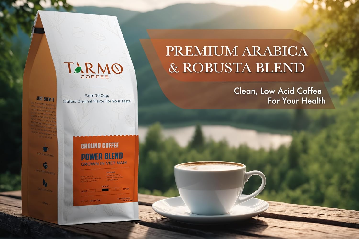 Tarmo Coffee | POWER BLEND | Low Acid Ground Coffee | Specialty Vietnamese Coffee | Premium Arabica & Robusta Blend, Medium Roast Coffee, 12 Oz Bag