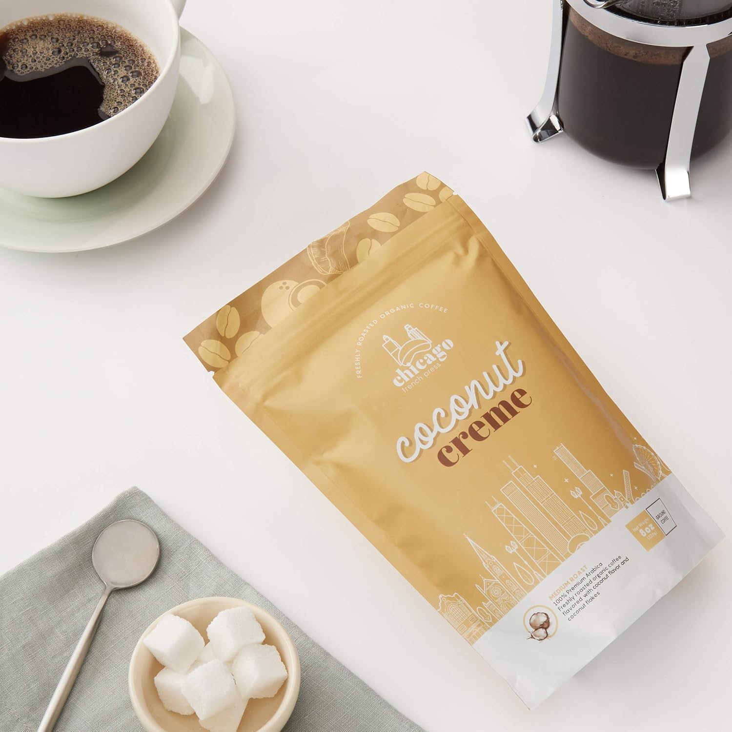 Chicago French Press - Coconut Crème - Freshly Ground Coffee - Derived from Natural Flavors (Real Coconut Shavings)