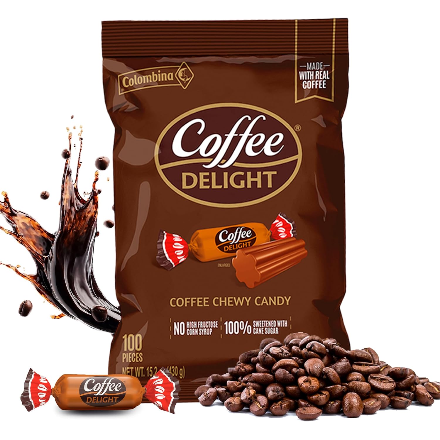 Colombina Coffee Delight Chewy Candy, Gluten-Free Soft Chewy Coffee Candies Made w/Authentic Colombian Coffee, 1 Pack (100 Count)