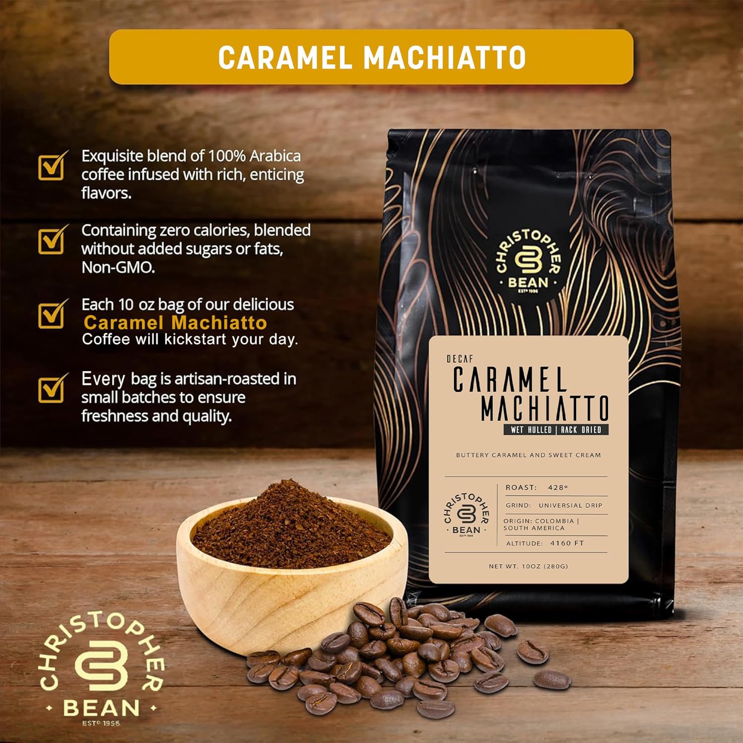 Christopher Bean Coffee - Decaf Ground Universal Drip Caramel Macchiato Flavored Coffee | Coffee Beans with Medium Roast 100% Arabica, No Sugar, No Fats, Non-GMO | 10 - Ounce Bag