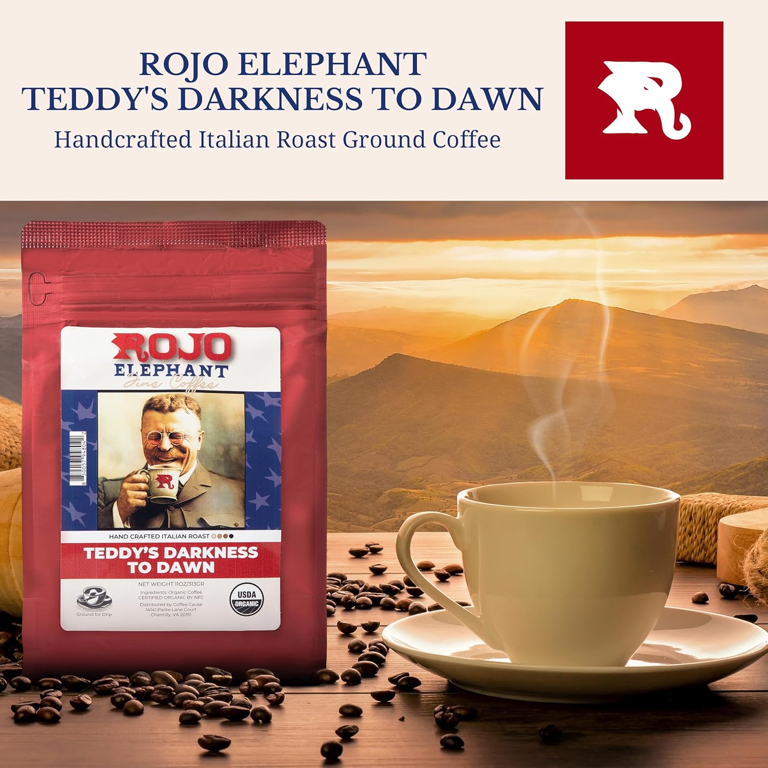 Rojo Elephant Teddy's Darkness to Dawn Handcrafted Italian Roast Ground Coffee, Made From 100% Arabica Beans, Premium, Smooth, Rich Flavor, USDA Organic, 11 0z Pack