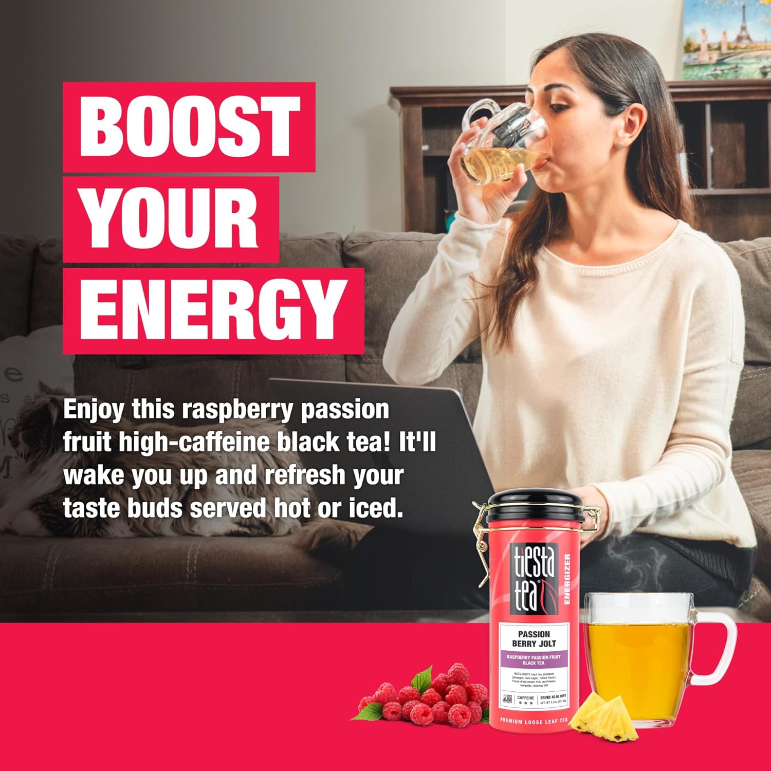 Tiesta Tea - Passion Berry Jolt | Loose Leaf | Raspberry Passion Fruit Black Tea | Premium Caffeinated Blend | Make Hot or Iced & Brews Up to 50 Cups | 4oz Refillable Tin