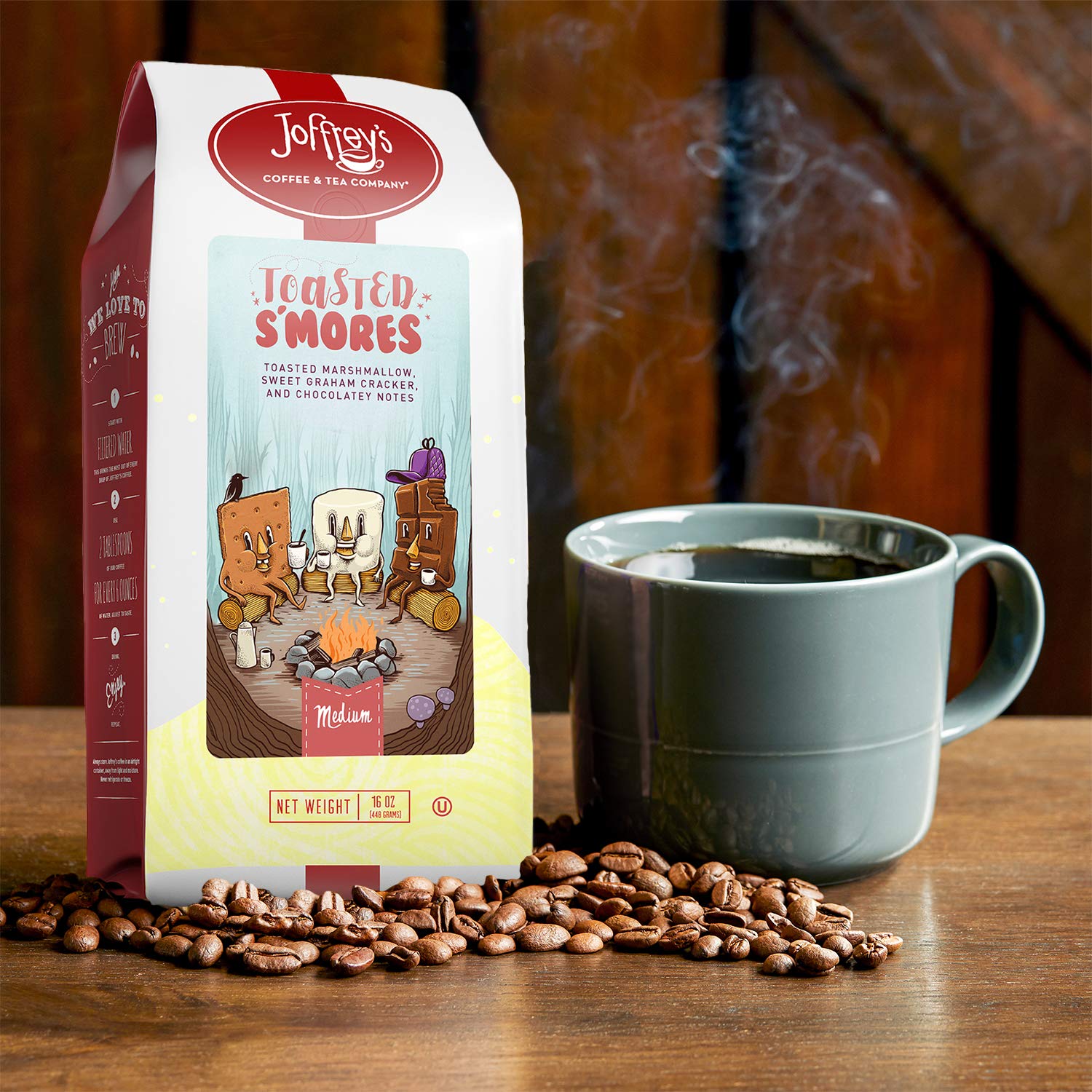 Joffrey's Coffee - Toasted S'Mores, Flavored Coffee, Artisan Medium Roast, Arabica Beans, Marshmallow, Graham Cracker, & Chocolate Flavor, Gluten-Free, No Sugar (Ground, 16 oz)