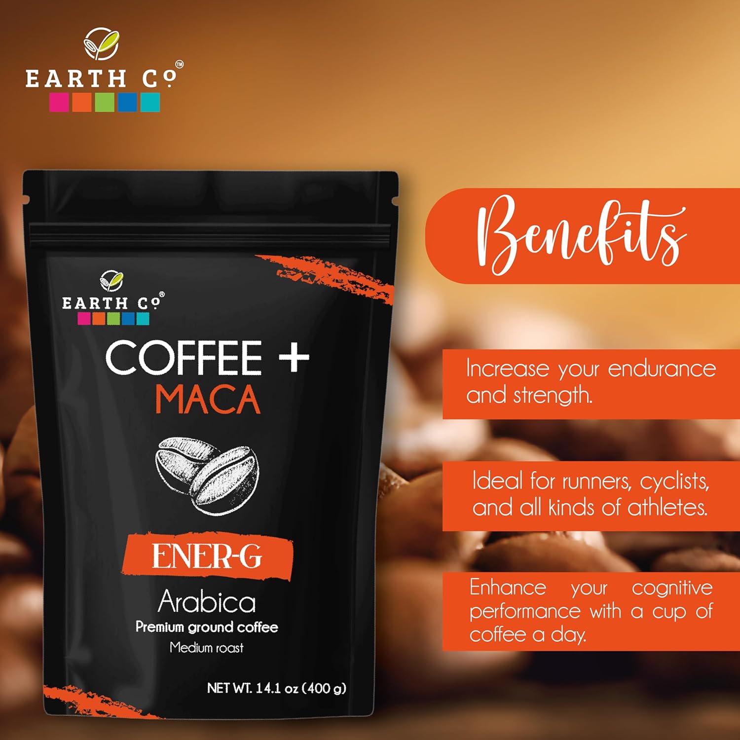 Earth Co I Ener-G | Coffee + Maca | Ground Coffee | Arabica I Medium Roast | Natural | Energy Boost | 400 gr/ 14.1oz