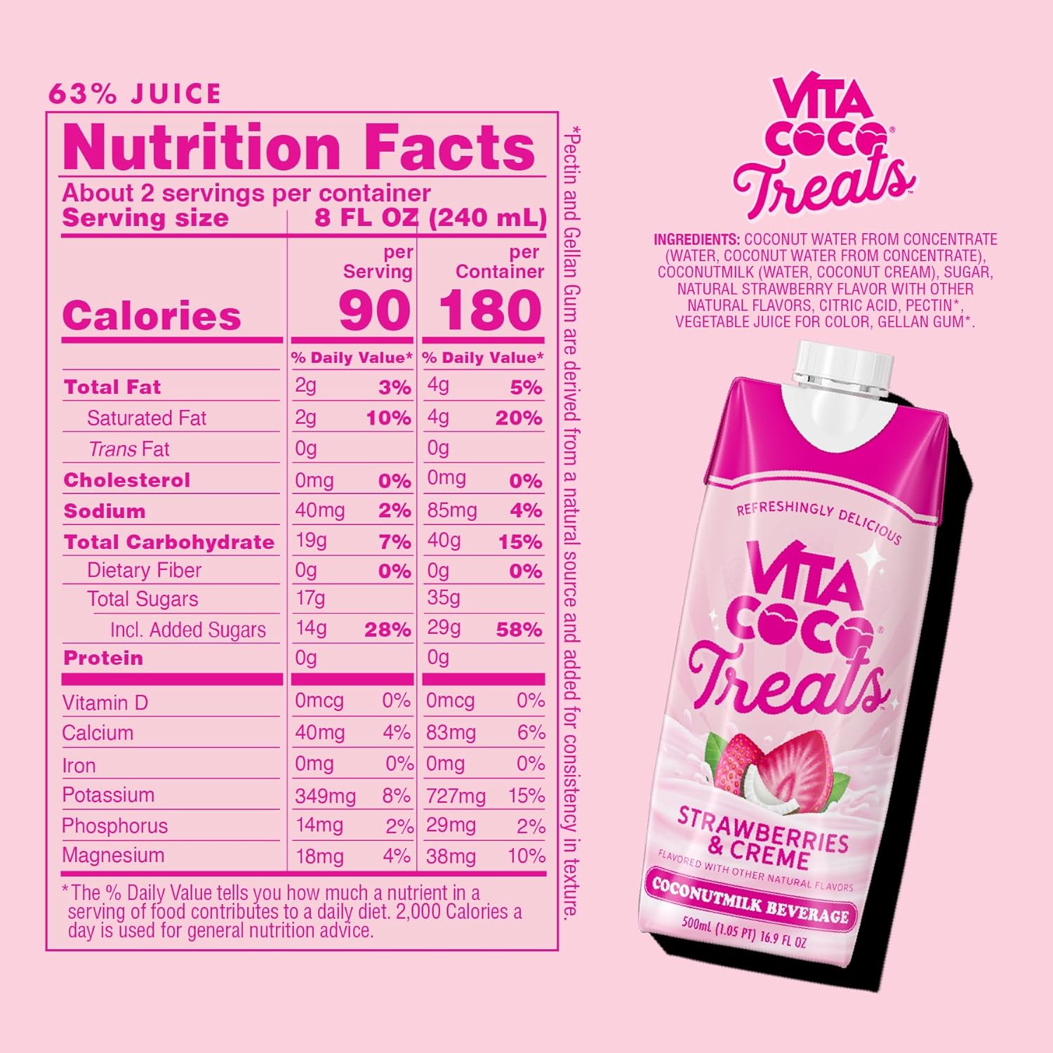 Vita Coco Treats Strawberries & Cream Coconut Milk Drink | Sweet, Creamy, Treat | Lower Sugar Pink Drink Alternative| 16.9 fl oz (Pack of 12)