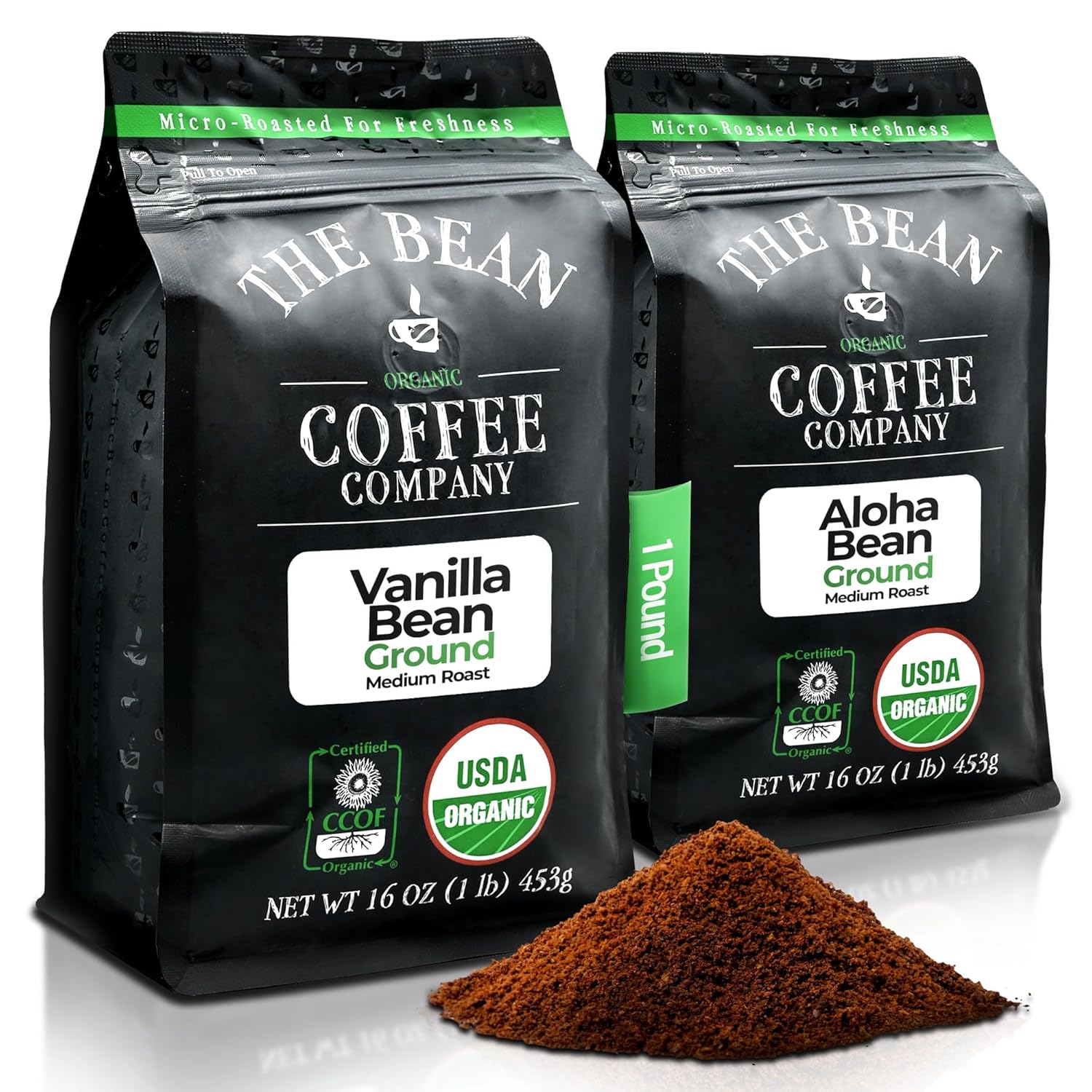The Bean Organic Coffee Company Aloha Bean (Hawaiian Hazelnut) and Vanilla Bean, Medium Roast, Ground Coffee, 16-Ounce Bag,Café molido tostado organico