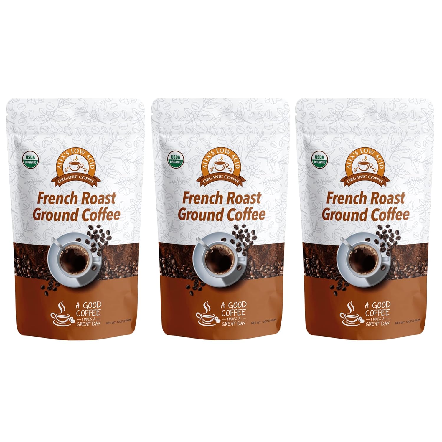 Alex's Low Acid Organic Coffee 12oz Bag - Fresh Ground French Roast (Pack of 3)