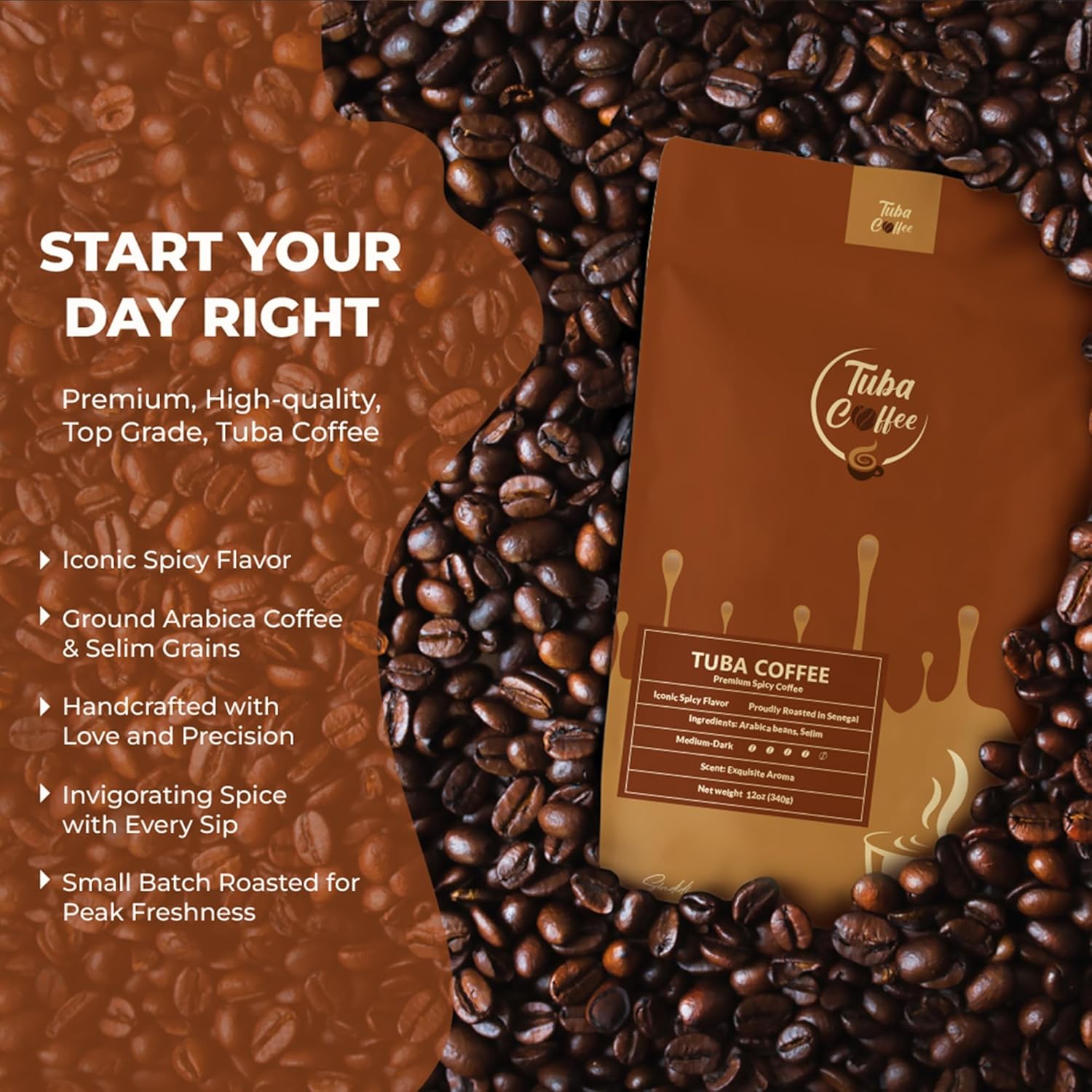 Tuba Coffee: Iconic Spicy Flavor | Proudly Roasted in Senegal | Arabica with Selim | Medium-Dark Roast | Ground | 7 0Z (200g)