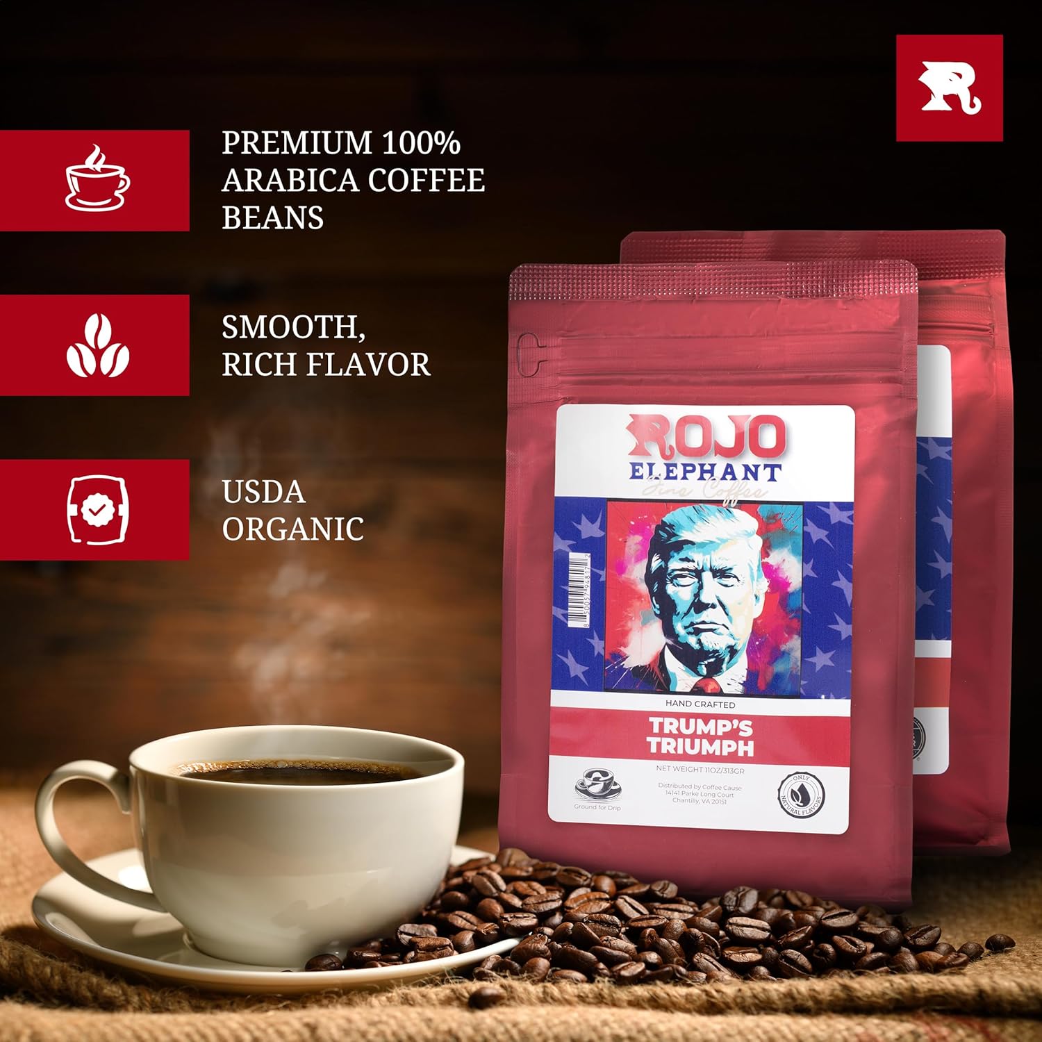 Rojo Elephant Handcrafted Ground Coffee, 100% Arabica Beans, 11 0z Bags Pack of 2, Trump's Triumph, Honest Abe Decaf, Excellence Pack