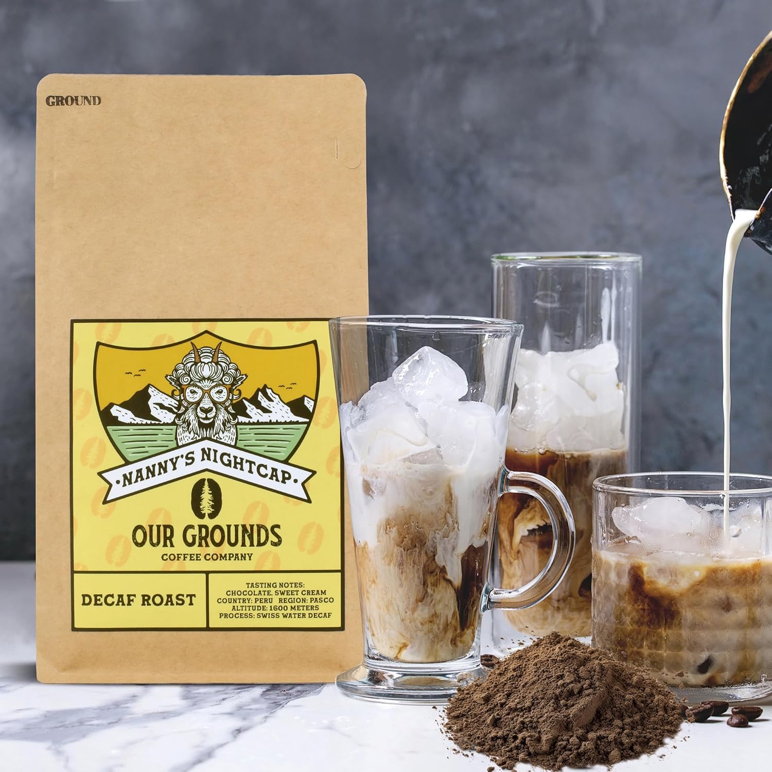 Our Grounds Coffee Nanny's Nightcap - Ground Medium Roast Decaf (100% Arabica Peruvian Coffee) Non GMO- Low Acid- Single Origin - 12oz