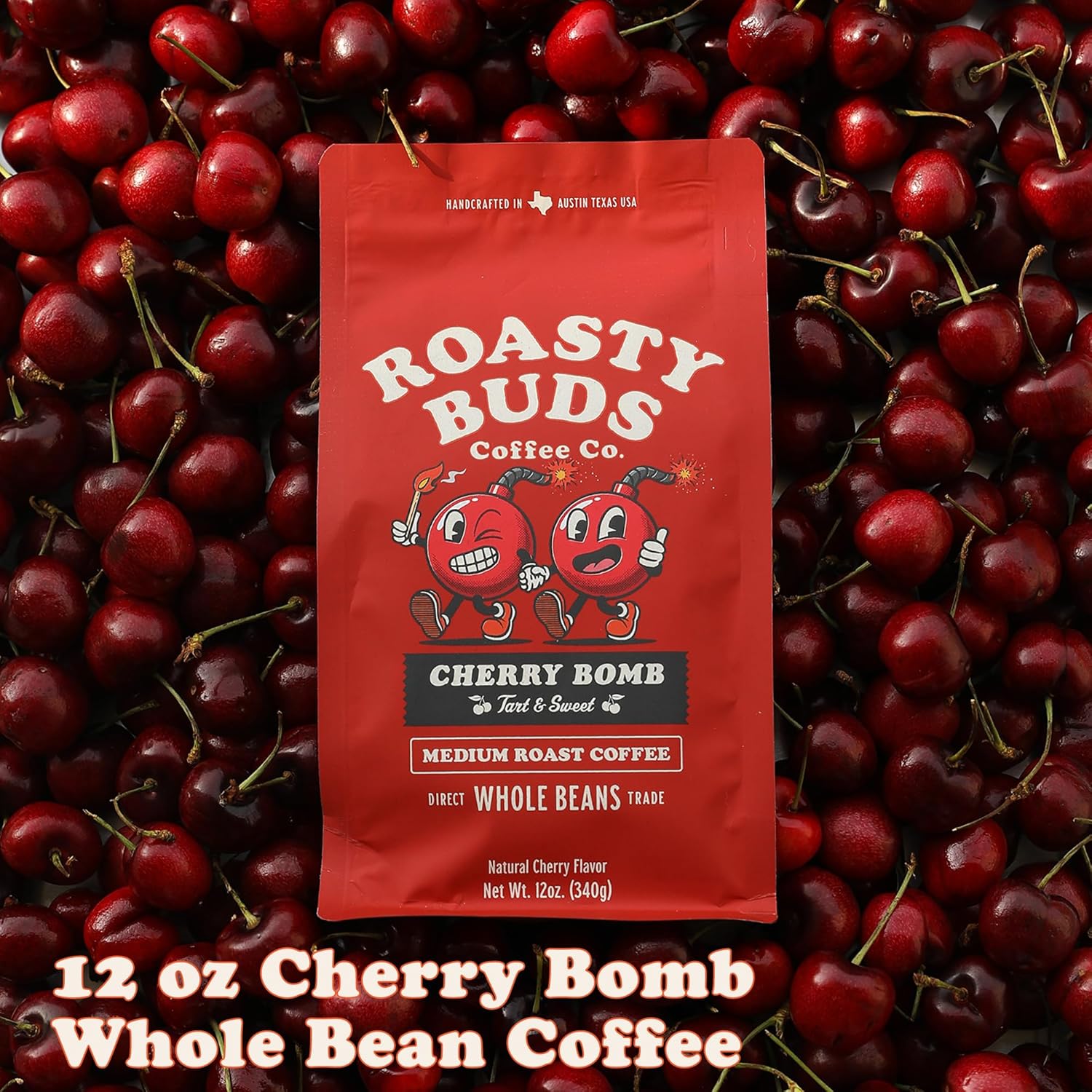 Roasty Buds Cherry Bomb Whole Bean Coffee | 100% Arabica Coffee 12oz | Gluten-Free, Non-GMO, Vegan (Whole Bean, Cherry Bomb)