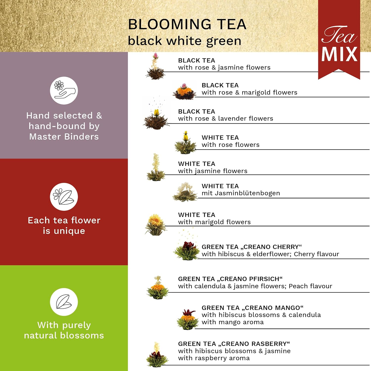 Creano Tea 18pcs Flowers Gift Set Blooming Tea - In a Noble Magnetic Box with Window & Silver Embossing- 18x White, Green & Black Tea