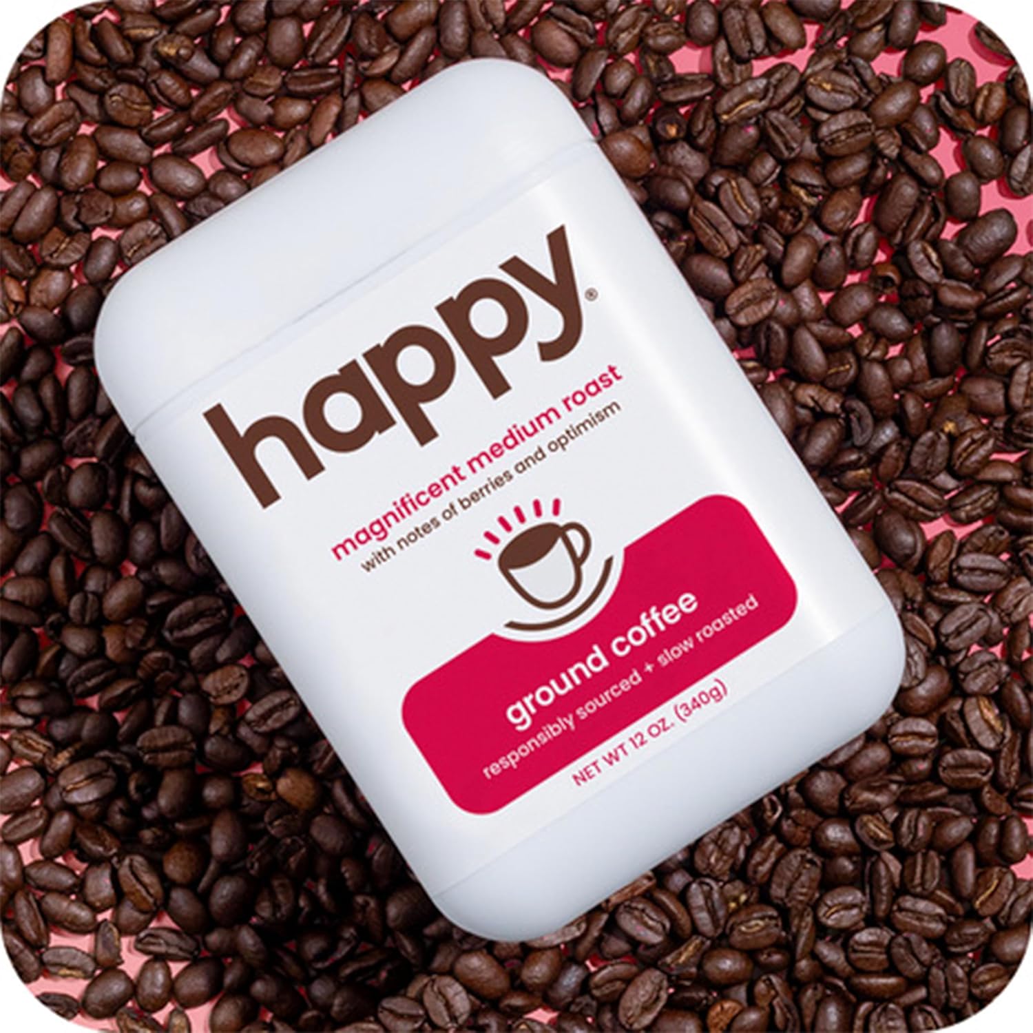 happy coffee medium roast ground coffee, 12 oz., notes of berries & optimism, recyclable container, grown & harvested in Brazil & Colombia, raíz sustainability verified