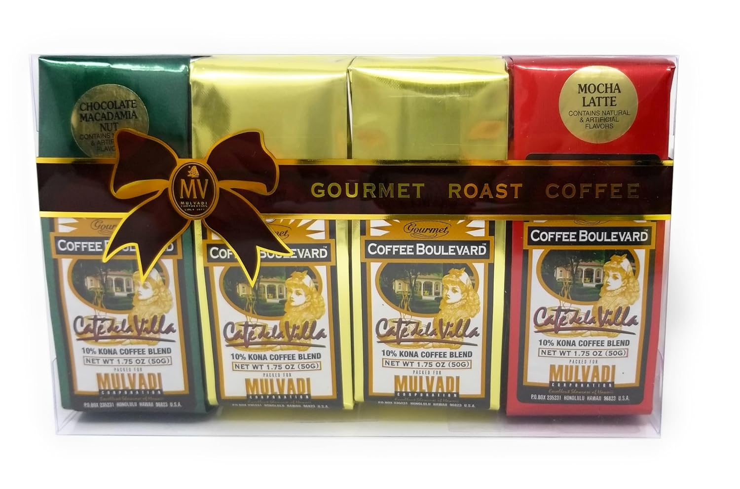 Gourmet Roast Kona Coffee Gift Pack, Ground, 3 Flavors, 4 Bags (1.75 Oz., 50g)
