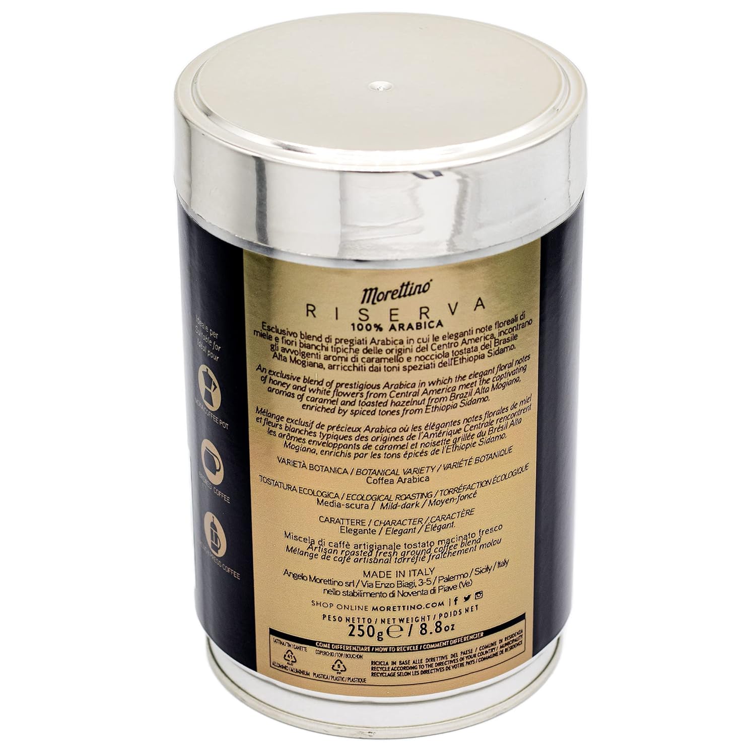 Morettino 100% Arabica Mild Dark Roasted Sicilian Artisan Ground Coffee Blend, Riserva Exclusive Italian Espresso Caffe Macinato, 8.8 oz Tin (250g), Elegant Character, Made in Sicily, Italy