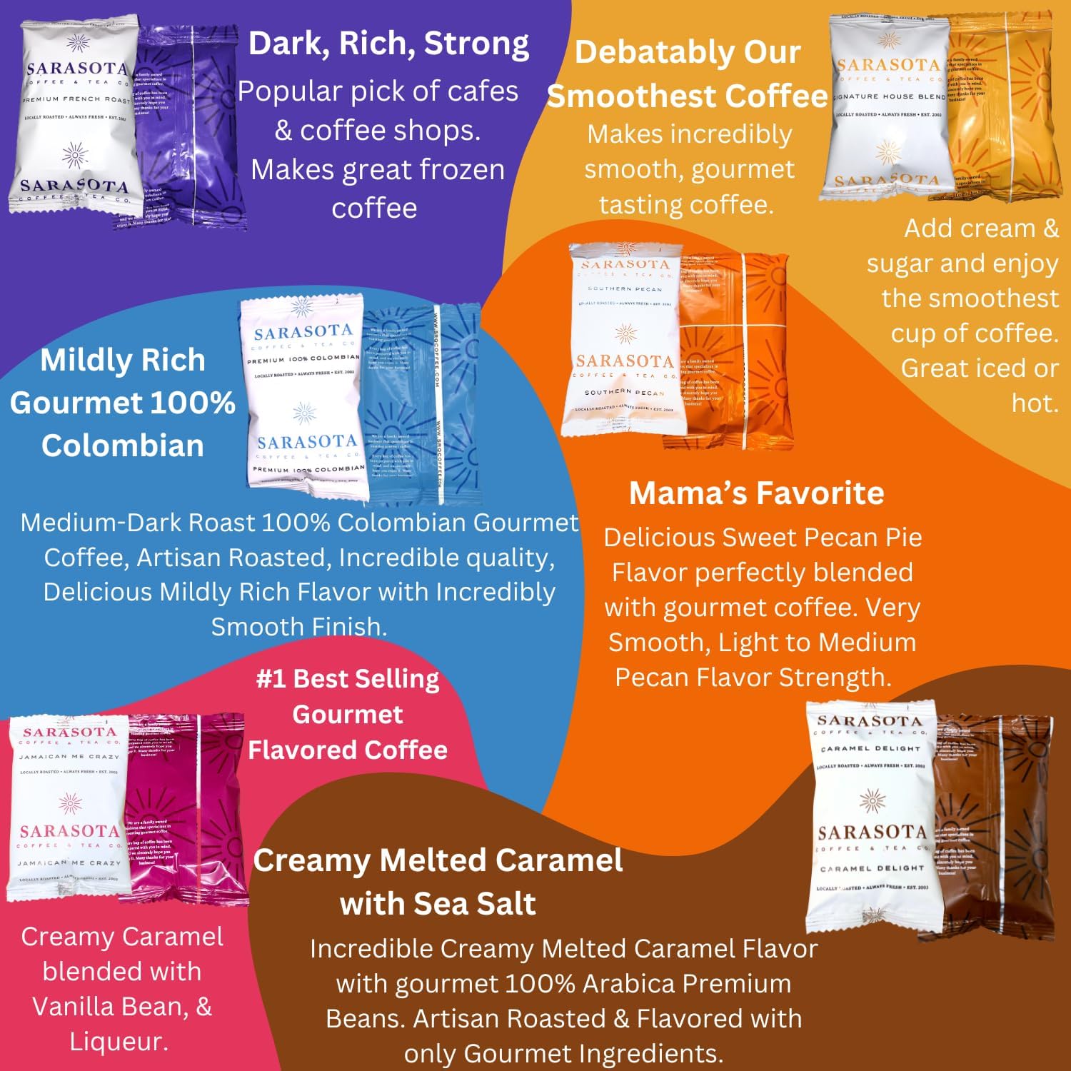 Ground Coffee | Gift Set Sampler Pack Variety Medium, Dark, & Flavored Roast Low Acid Mold Free Pouches | Gourmet Bulk Packets | Highest Rated Individual Premeasured Powder Bags for 12 Cup Drip Maker