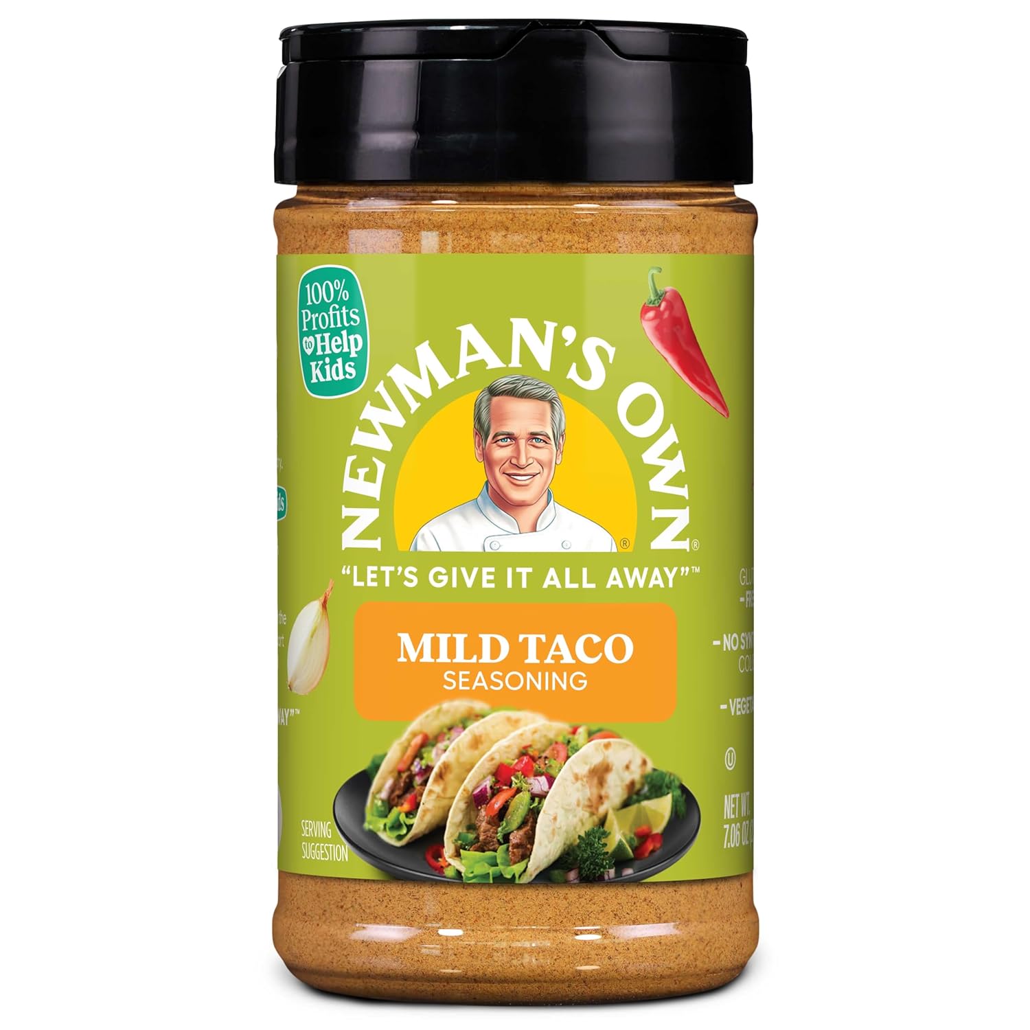 Newman's Own Mild Taco Seasoning; Great Zesty Flavor; Not Only Great on Tacos, Perfect Spices for Cooking Fajitas,Pork Belly, and Topping French Fries; No MSG, Gluten Free; Kosher; 7.06 Oz. Bottle