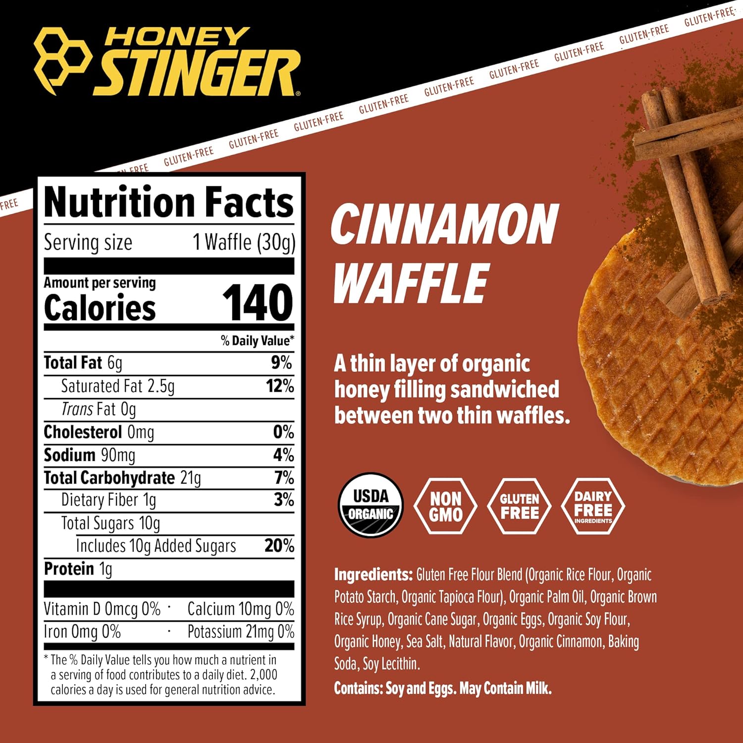 Honey Stinger Organic Gluten Free Cinnamon Waffle | Energy Stroopwafel for Exercise, Endurance and Performance | Sports Nutrition for Home & Gym, Pre and Post Workout | Box of 16 Waffles, 16.96 Ounces