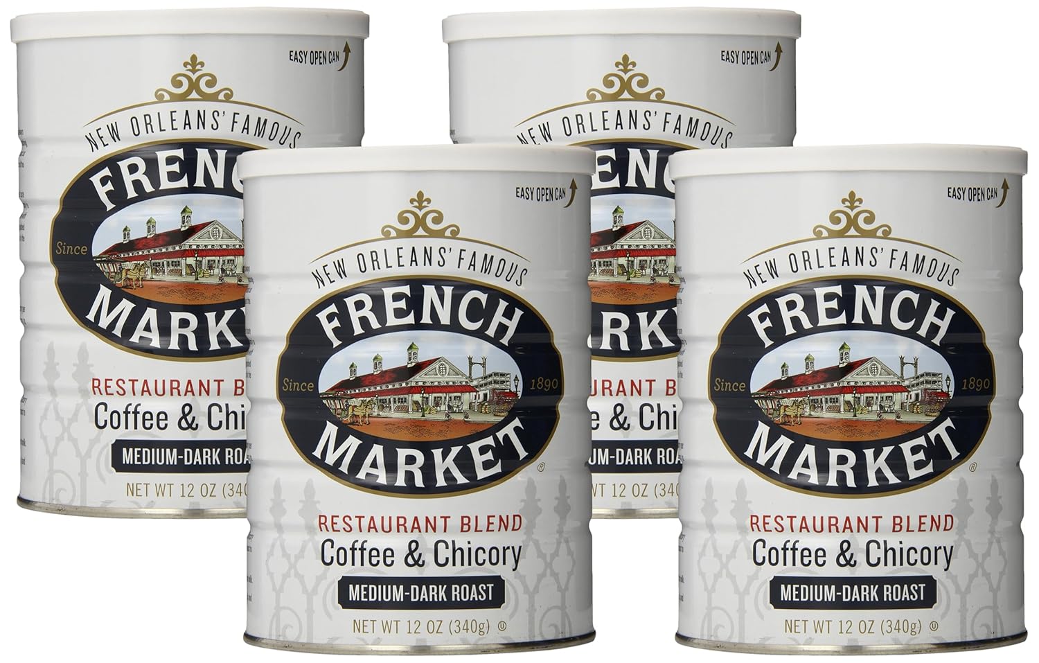 French Market Coffee, Coffee & Chicory Restaurant Blend, Medium-Dark Roast Ground Coffee, 12-Ounce Metal Can (Pack of 4)