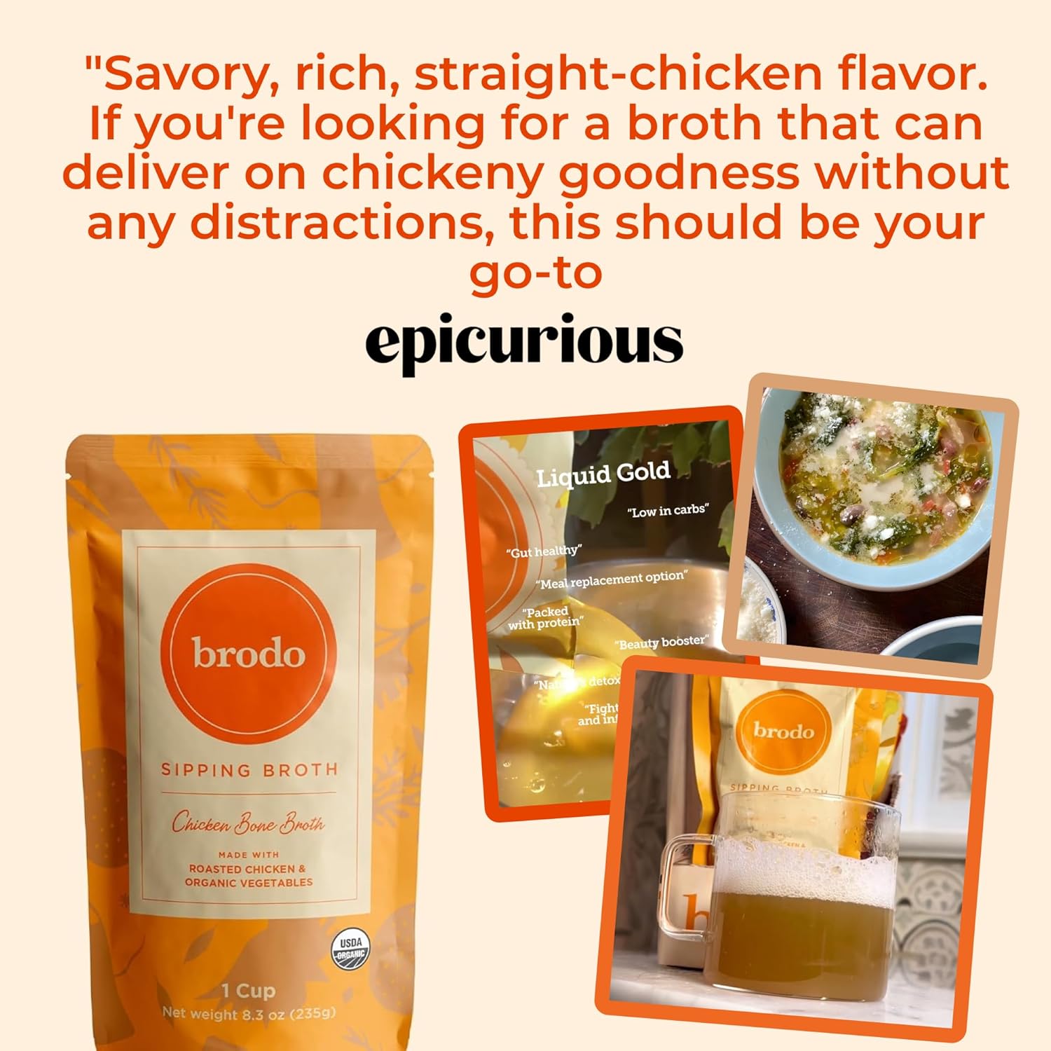 Brodo Organic Chicken Broth | Nutrient Dense, Chef Crafted Bone Broth in Single Serving Pouches | Not Made From Concentrate, No Preservatives (6x 8.3 oz Pouches)