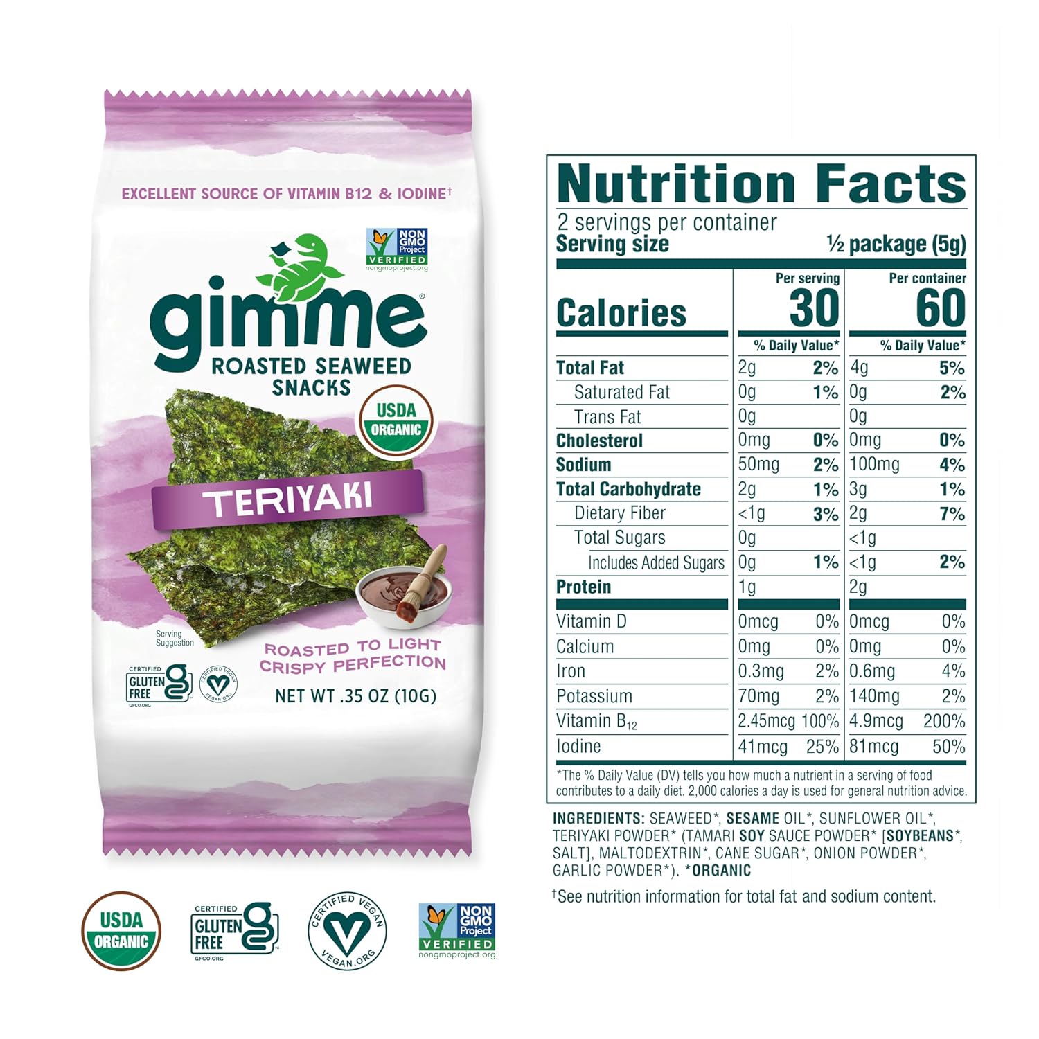 Gimme Seaweed Organic Premium Roasted Seaweed Snacks, Teriyaki, 12 Count Sharing Size, Keto, Vegan, Gluten-Free, Great Source of Omega3s and Iodine, Healthy On-The-Go Snack for Kids and Adults