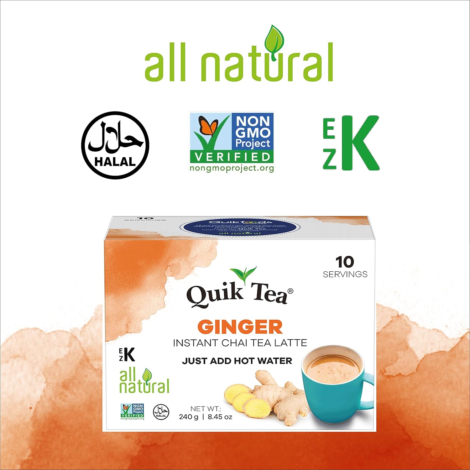 QuikTea Ginger Chai Tea Latte - 10 Count Single Box - All Natural Preservative Free Authentic Instant Chai from Assam