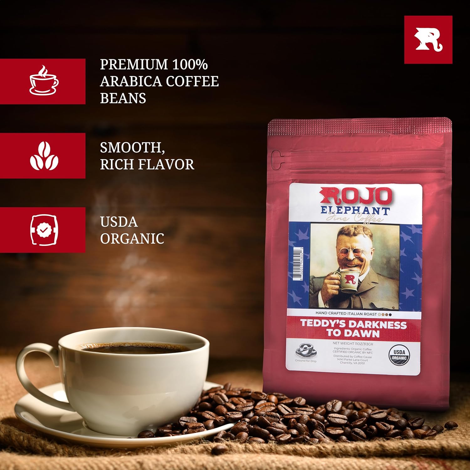Rojo Elephant Teddy's Darkness to Dawn Handcrafted Italian Roast Ground Coffee, Made From 100% Arabica Beans, Premium, Smooth, Rich Flavor, USDA Organic, 11 0z Pack